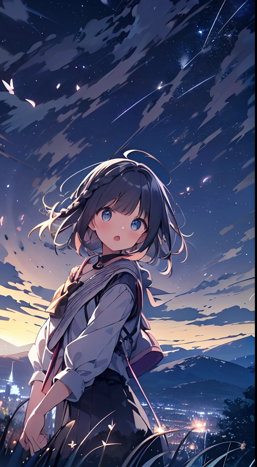 masutepiece, Best Quality,Illustration, Wallpaper, Ultra Detail, absurderes, 1little girl, (Medium short hair、short braided hair), Beautiful ultra-detailed eyes , Hair fluttering in the wind、:O、Smaller head、Beautiful night sky、(a panoramic view:1.5)