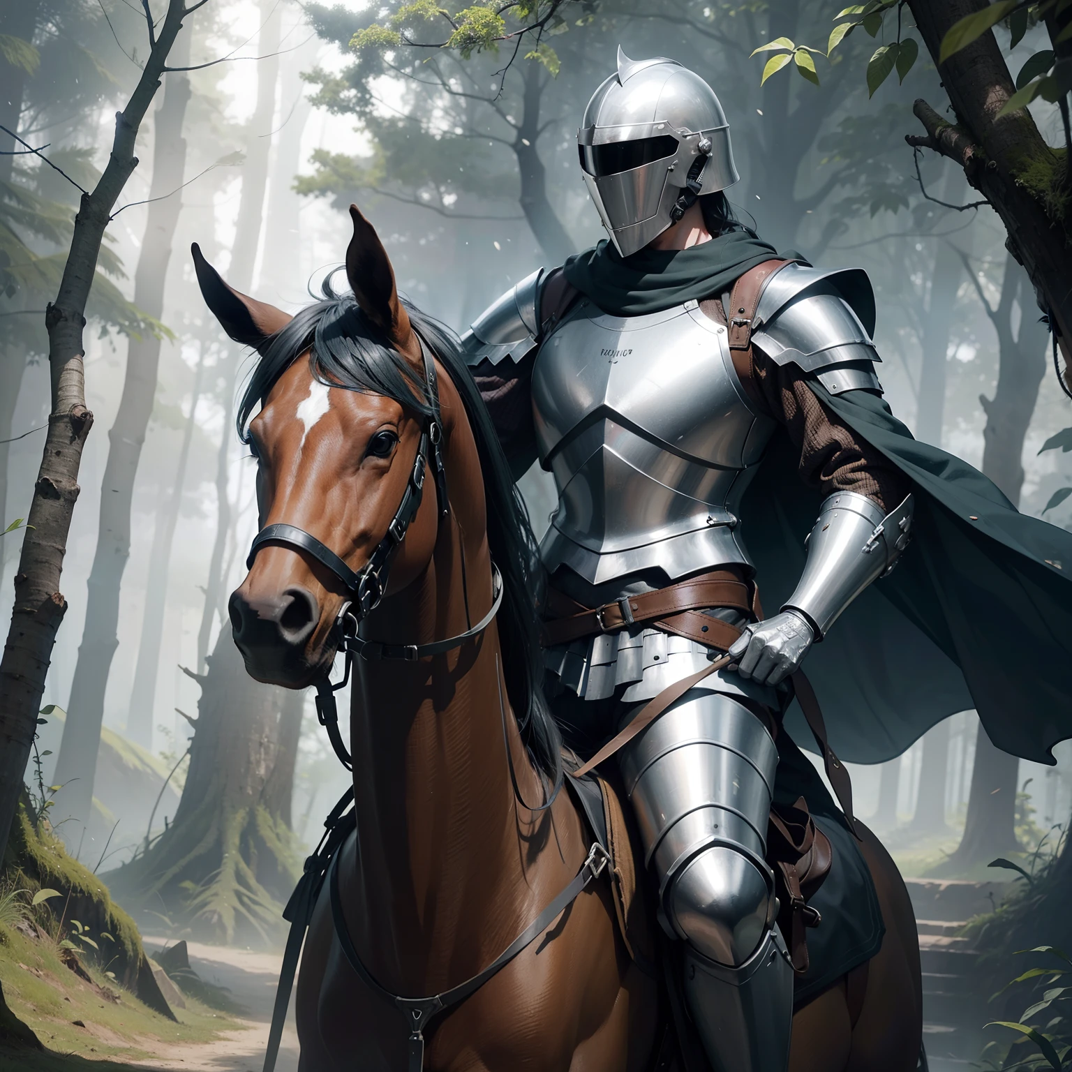 knight in armor, steel helmet, at war, forest background, riding a horse, ultra detailed, detail face and body,