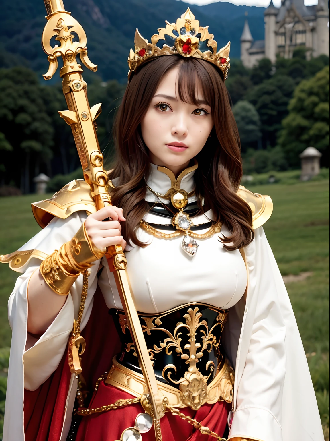 (masutepiece), Professional , ​masterpiece、top-quality、photos realistic , depth of fields ,（Wind element），close-up，dream magical，tornado，Lightning，cleavage of the breast、（Gemstone Gold Jewel Body:1.６),(Matte White、Jewel Gold Weapon_、（Metal:1.４),Gorgeous Jewel Metal Weapons ,(( Detailed Sword of the Brave)) ,（Stand in front of the dragon）、（magic circles、Magic Chanting）、  Castle background  ,warhammer 40k , adepta sororitas,Wear a gorgeous jewel helmet with attention to detail、Brown hair、（(Gangle's forest background))、Beautiful Caucasian beauty、１a person、dynamic ungle,(((Legendary Armor Jewelry Helmet)))、Particles of light、cleavage of the breast、Battle Pose、Mystical expression、