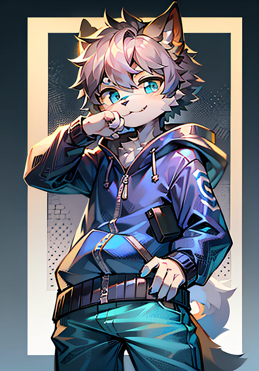 Anime male furry, light blue and white fur, blue hair with white accents, cat style, kemono style, 2D anime style wearing blue sweatshirt and black sneakers with white line pattern, wearing a light blue hoodie over a black shirt, with a small square pendant necklace, Single character full body, 2 d style, full body adoptable, full body single character, 2d anime, full body portrait of a short!, full body character, anime style character, Anime boy.