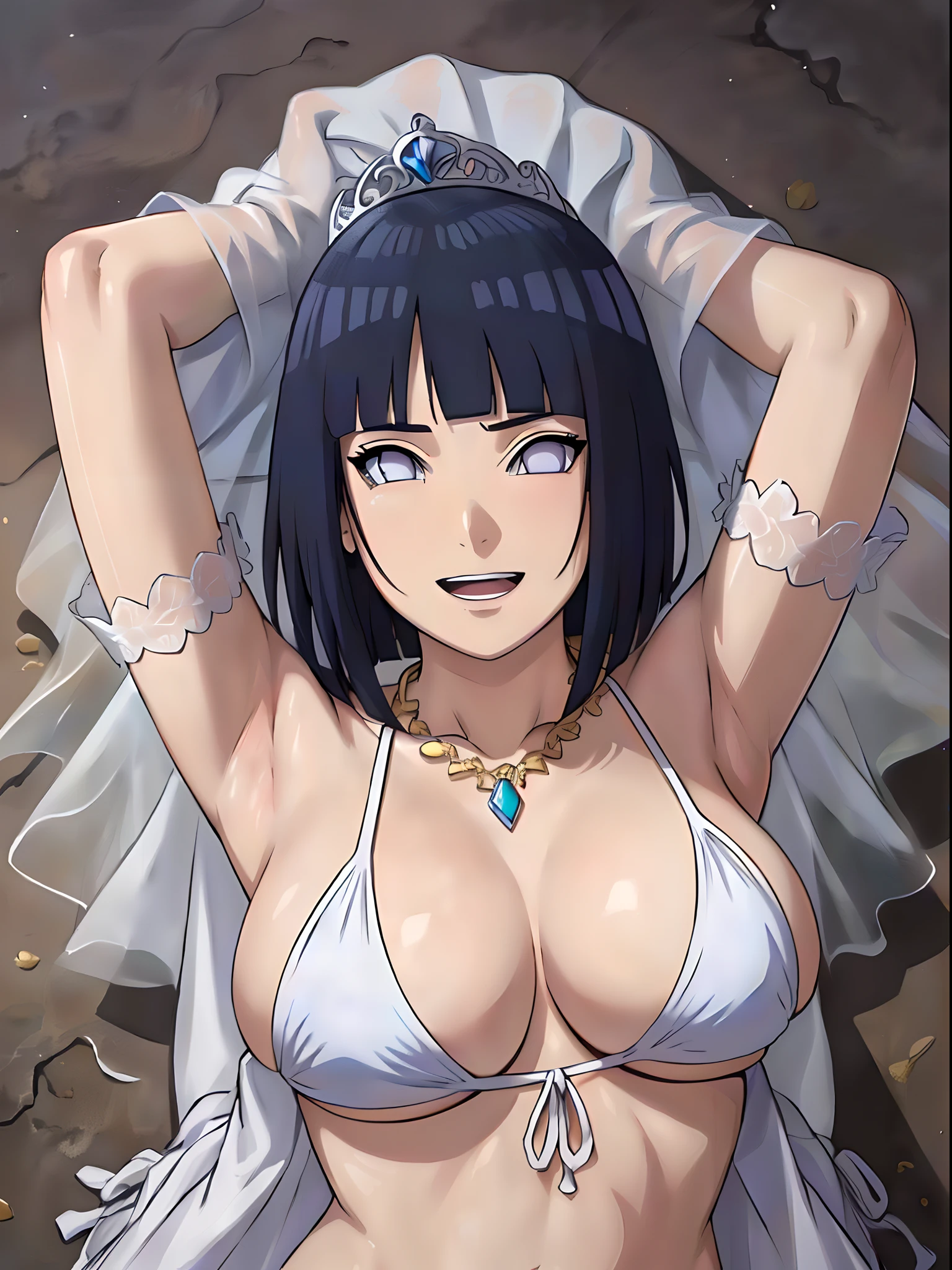 (WALLPAPER, masterpiece, 1k, anime style:1.9, laying on flower bed, navel, contrast lighting, (detailed beach background, (lean forward), big breasts, big boobs, open mouth, high color saturation, bold lines, bold drawing lines, (strong arms, flat belly, groin), detailed bold arm lines), (strong arms, thick arms, detailed shoulders), strong light on body, plain, bare body, (large breasts, perky boobs), minimum clothing, taking off shirt, bare shoulders, off-shoulders, bare chest, (very tight pure white tiny bikini, wedding veil, white flower wedding tiara, long white gloves, gold necklace), no shirt, showing off), hinata\(boruto\), mature female, sunbathing, milf, (curvy:0.8), solo, (short hair, hime cut), (dark blue hair color:1.1), white, flat belly, perfect eyes, white sciera, white eyes, anime eyes, smoky eyeliner, eyeshadow, perfect face, shy, sharp focus, professional artwork, intricate details, colorful, vibrant colors, vivid colors, digital blending, ultra detailed body, ultra detail hair, ultra detail face, trending on pixiv, kind smile, shy, very hot colors, sunny day, outdoor,