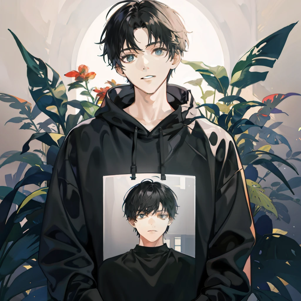 A boy with,with short black hair,Wearing a black sweatshirt,simplebackground,Frontal display