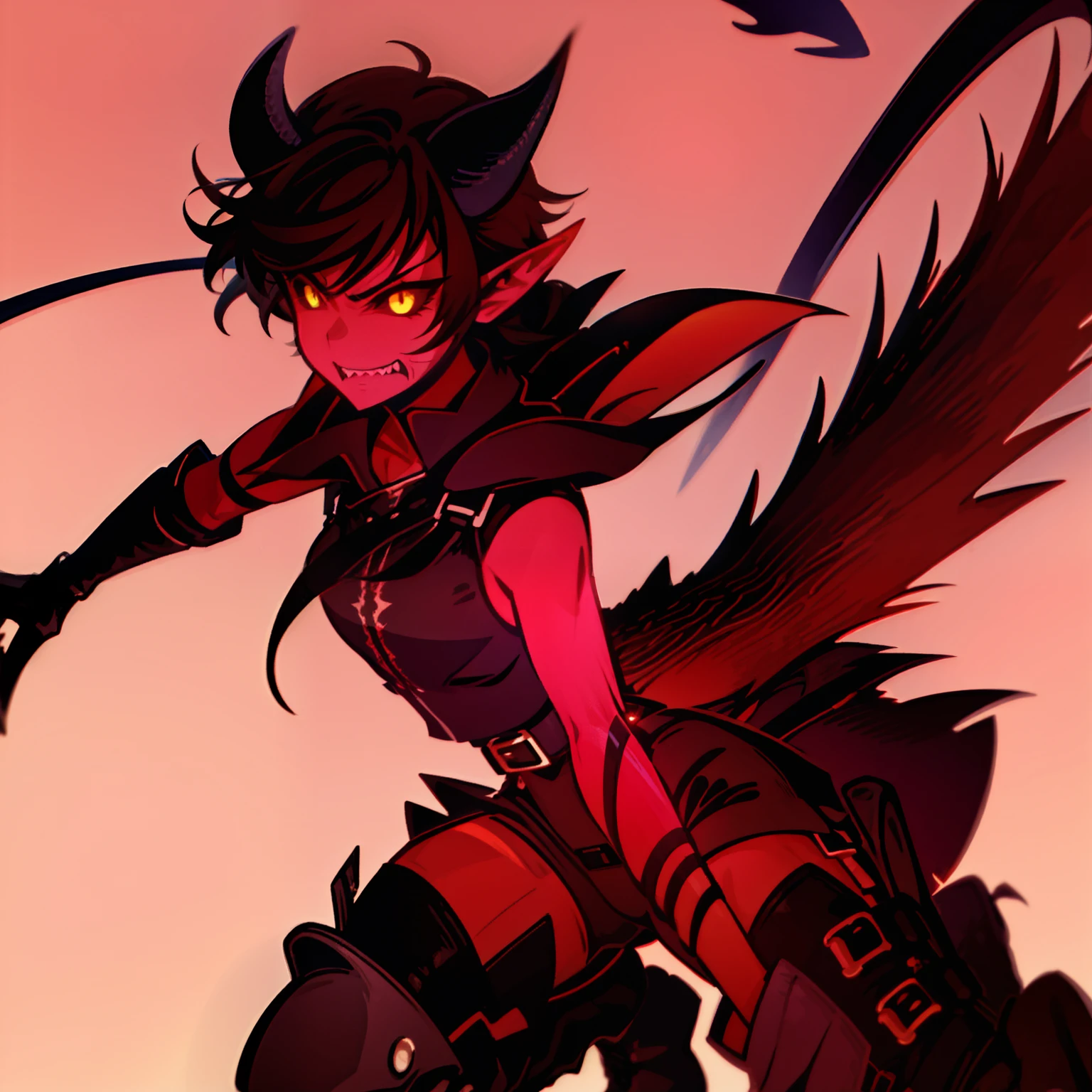 1girl, tiefling, red skin, yellow eyes, black sclera, pointy ears, horns, short brown hair, sharp teeth, black sleeveless shirt, black shorts, rogue outfit, demon tail, black boots, goggles on head, perfect anatomy, solo, cowboy shot, simple background