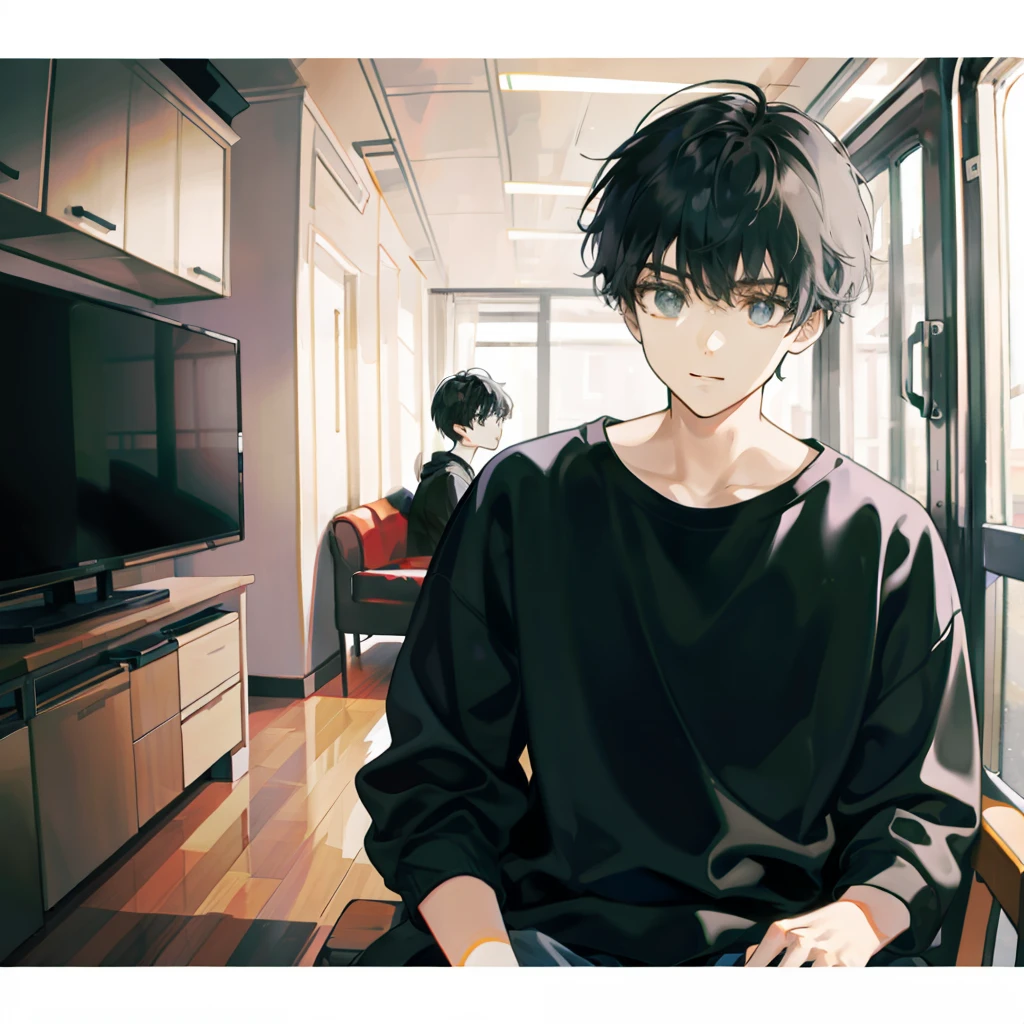 A boy with,with short black hair,Wearing a black sweatshirt,simplebackground,Frontal display