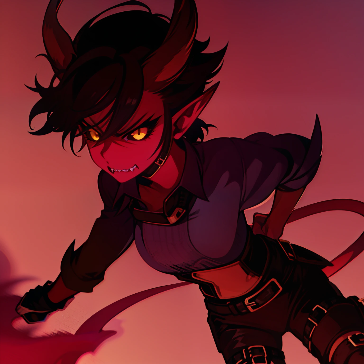 1girl, tiefling, red skin, yellow eyes, black sclera, pointy ears, horns, short brown hair, sharp teeth, black sleeveless shirt, black shorts, rogue outfit, demon tail, black boots, goggles on head, perfect anatomy, solo, cowboy shot, simple background