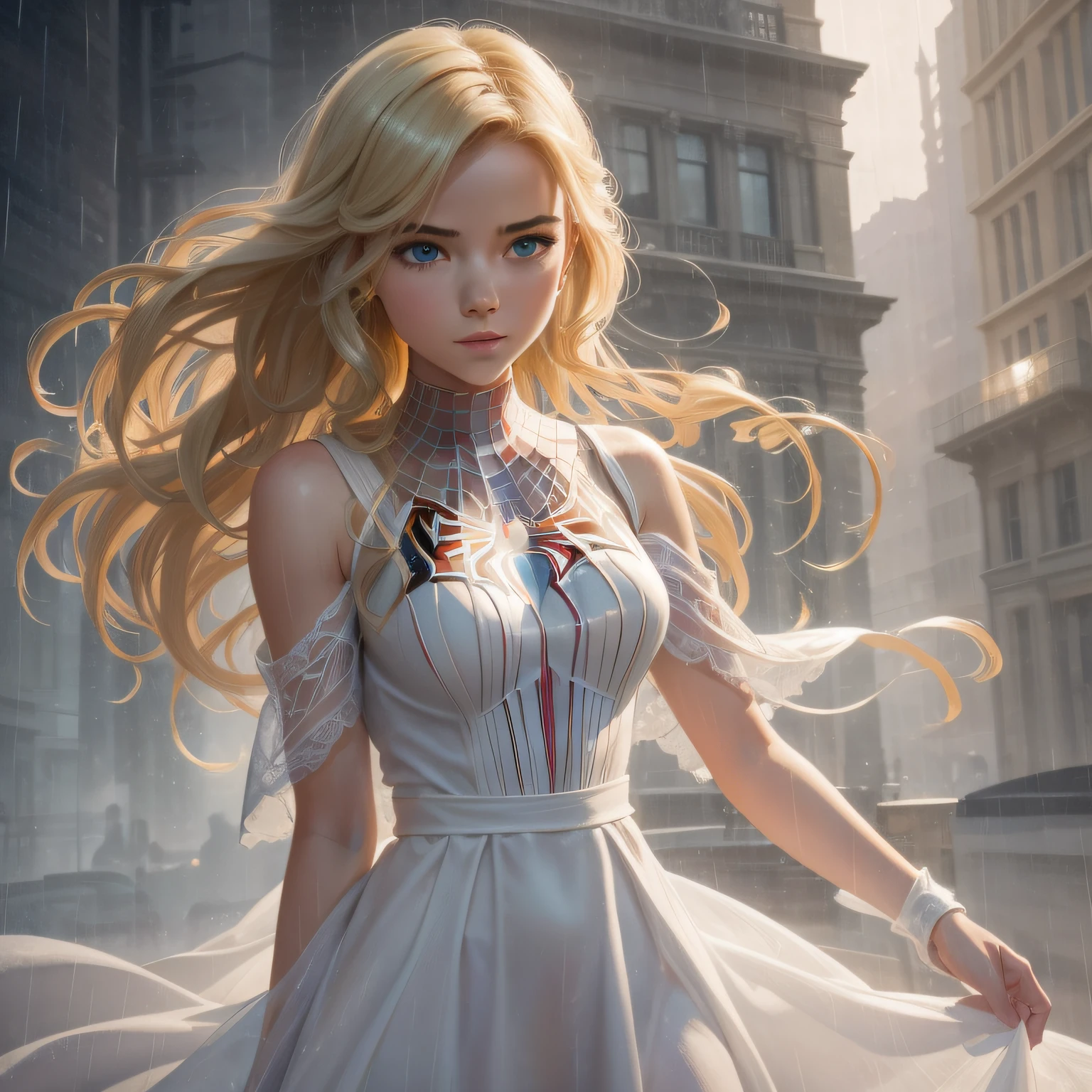 18 Yo girl, White Spider-Man dress, with long coiled hair, Blonde, Beautiful face, rain, Roof, Masterpiece, intricately details, Perfect anatomy, Facial and body details.