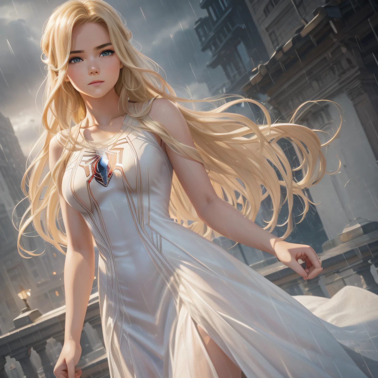 18 Yo girl, White Spider-Man dress, with long coiled hair, Blonde, Beautiful face, rain, Roof, Masterpiece, intricately details, Perfect anatomy, Facial and body details.