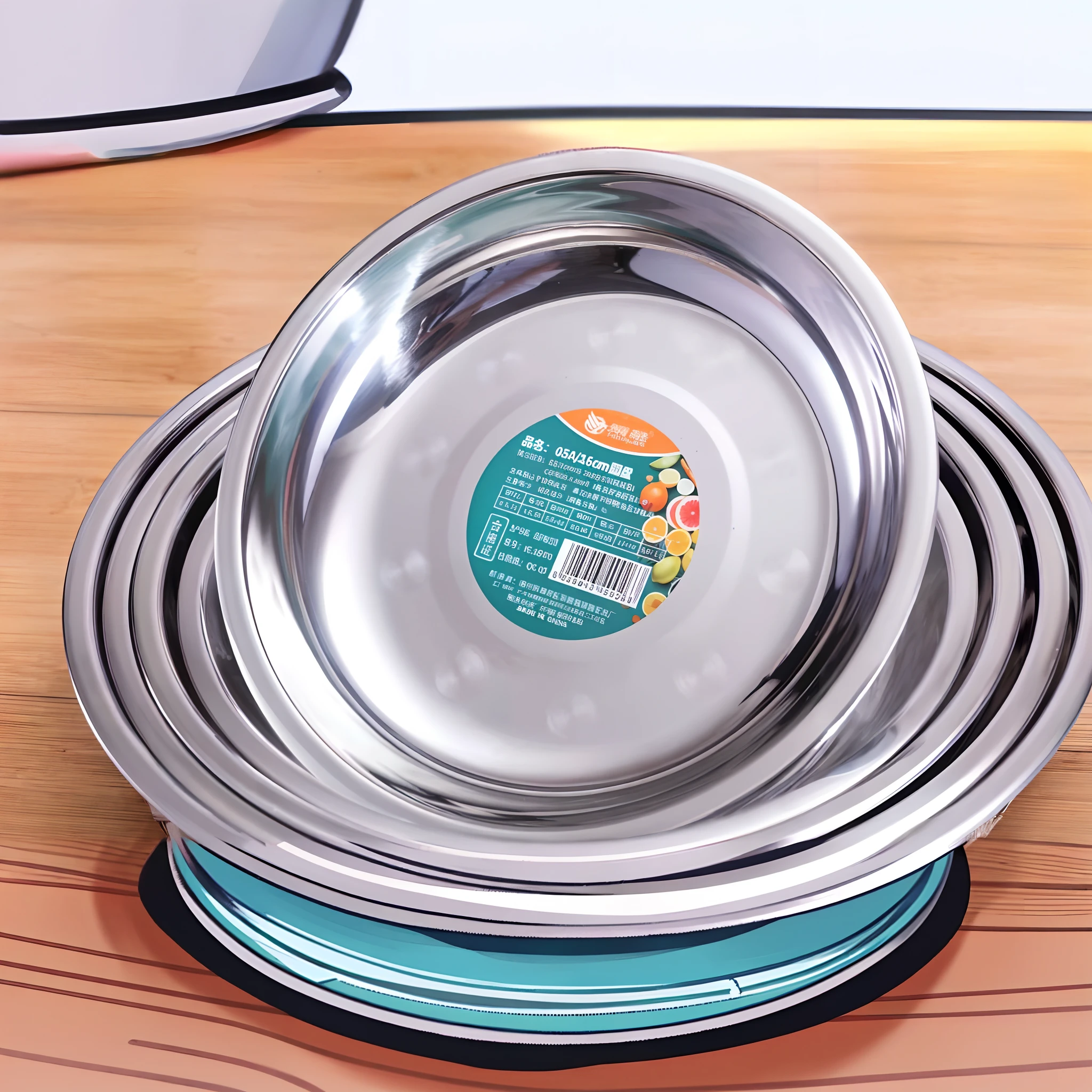Close-up of a pile of metal bowls on a wooden table, bowl, pan and plates, stainless steel, 3 6 0 p, 1 0 5 mm, 105mm, 4 8 0 p, 480p, their, f / 1. 9 6. 8 1 mm ISO 4 0, highly polished, High quality material BSSRDF