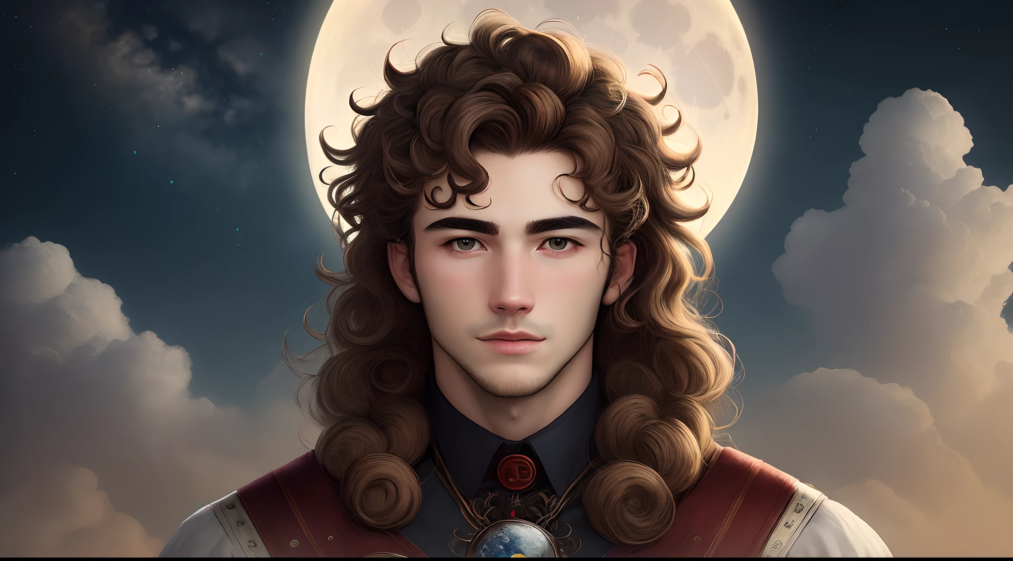 Man, with Moon as head, with super most curly brown hair,