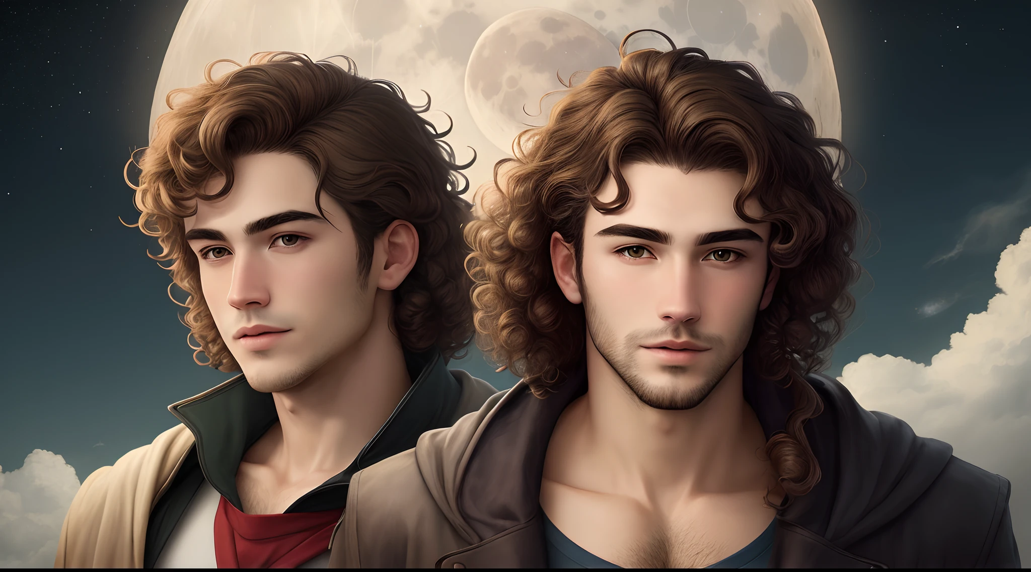 Man, with Moon as head, with super most curly brown hair,