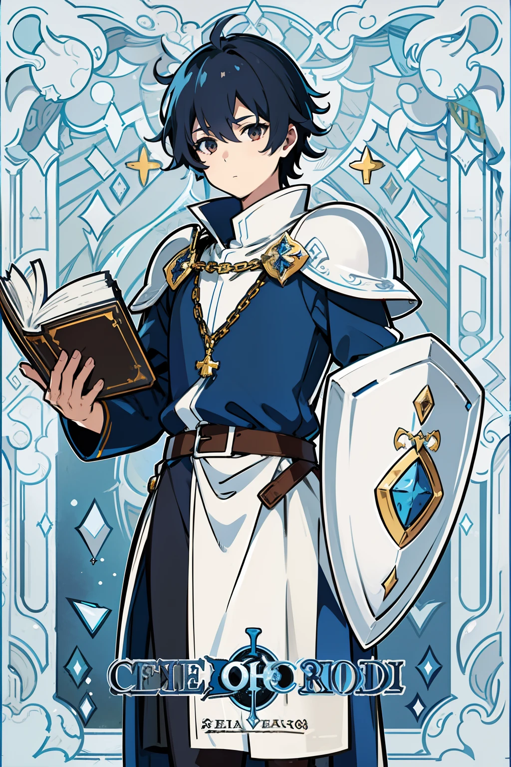 Anime character with a book and a shield, on a blue background, cleric, dressed as a cleric in light armor, image of a male cleric, short black hair, cleric, official art, official character art, bell cranel, character official illustration, rising of the shield hero naofumi, magic, sacred, Artwork - High quality - 8k ultra HD - Rendering - Ultra detailed.
