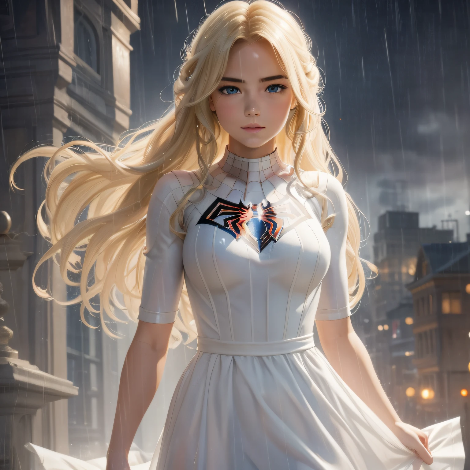 18 Yo girl, White Spider-Man dress, with long coiled hair， Blonde, Beautiful face, rain, Roof, Masterpiece, intricately details, Perfect anatomy, Facial and body details.