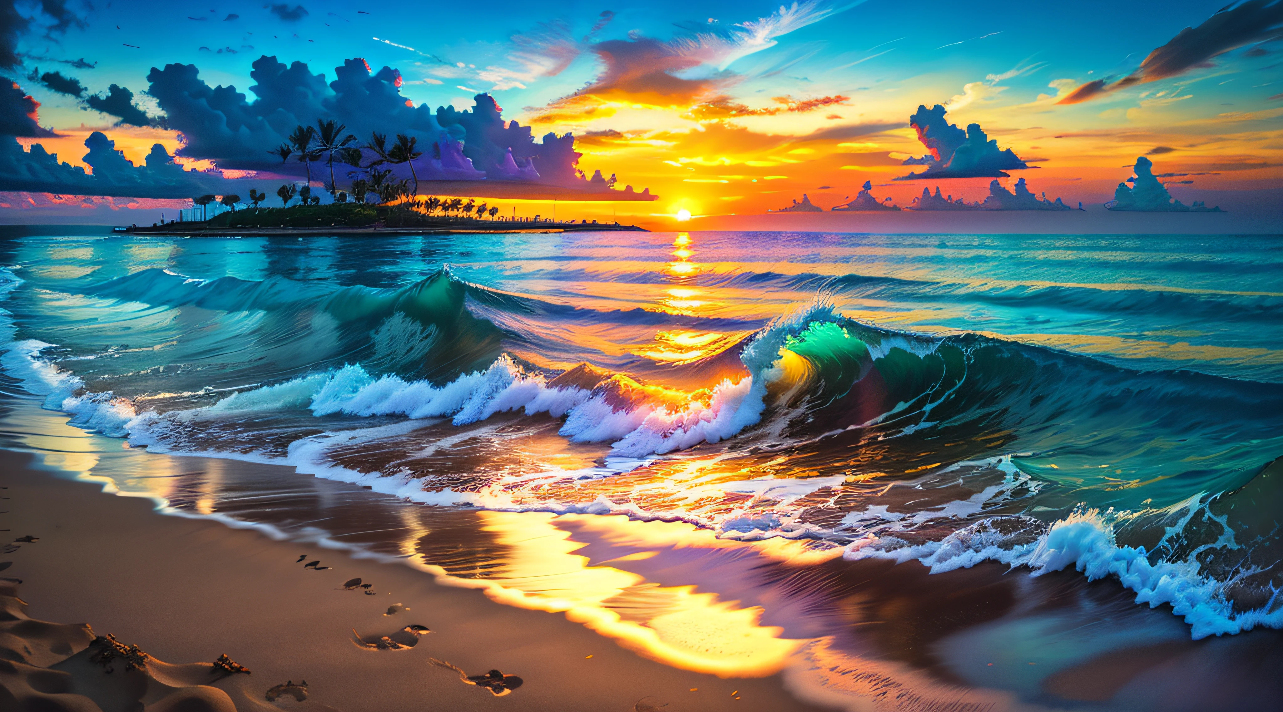 ​masterpiece、top-quality、超A high resolution、8K、realisitic、Highly detailed CG、ultra-detailliert、finely detail、hawaii、the beach、Fantastic horizon mixed with orange and blue、 Vast sky dyed purple-red、Evening glow、the setting sun、Silhouette of a palm tree、Emerald Green Sea、 vague、White sandy beach、Composition with depth、Perspective