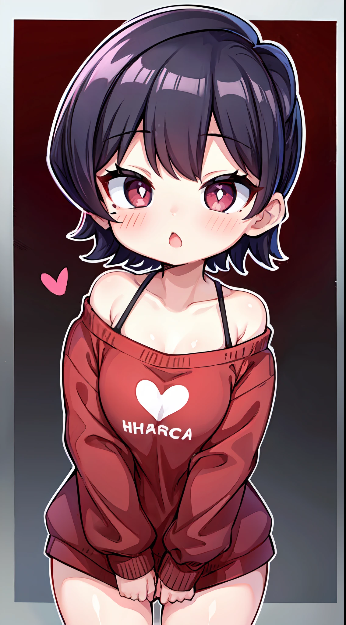 Komi Shuuko,（A white border around a red rectangular background：2.5），Back view，multi view，，Look up at the perspective，low head，ahegao face，D-cups，whitesweater，High detail,Moles under eyes, Heart-shaped pupils，Love pupils，cropped shoulders，Lots of hearts，Fleshy thighs,highly rendered，detailed face with