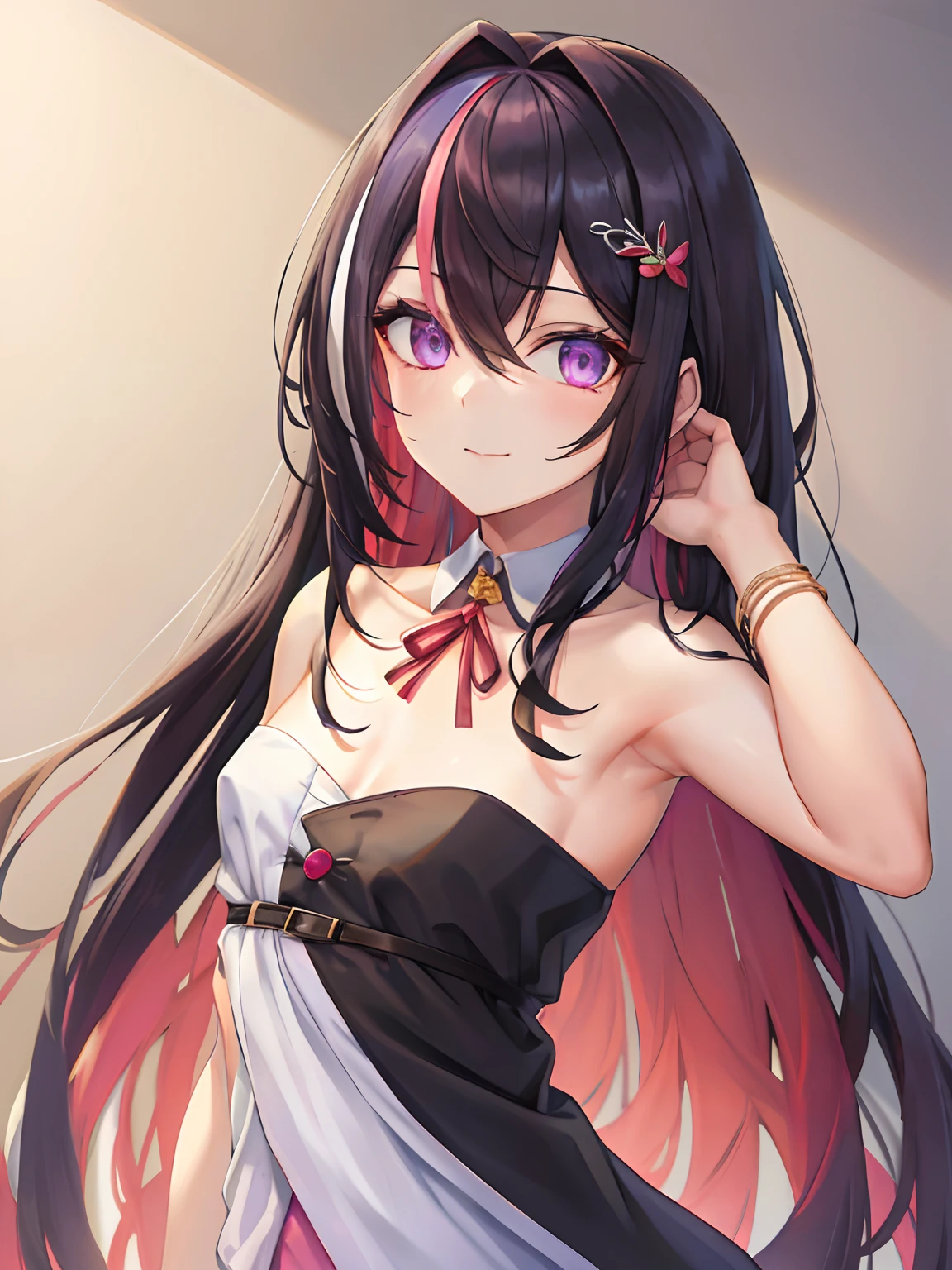 (masterpiece:1.3), (absurdres:1.3), (best quality:1.3), (ultra-detailed:1.3),(best shadow:0.7), (handled hair), (sharp eyeliner, eyeshadow, detailed eyes:1.1), perfect anatomy, BREAK azki_(hololive), azki \(hololive\), large breasts, multicolored hair, pink hair, (purple eyes, glowing eyes), black hair, hair between eyes, jewelry, x hair ornament, bangs, very long hair, streaked hair, hairclip, light smile, closed mouth, sleeveless, strapless, armpits (((Nipples, opened Clothes, small chest)))