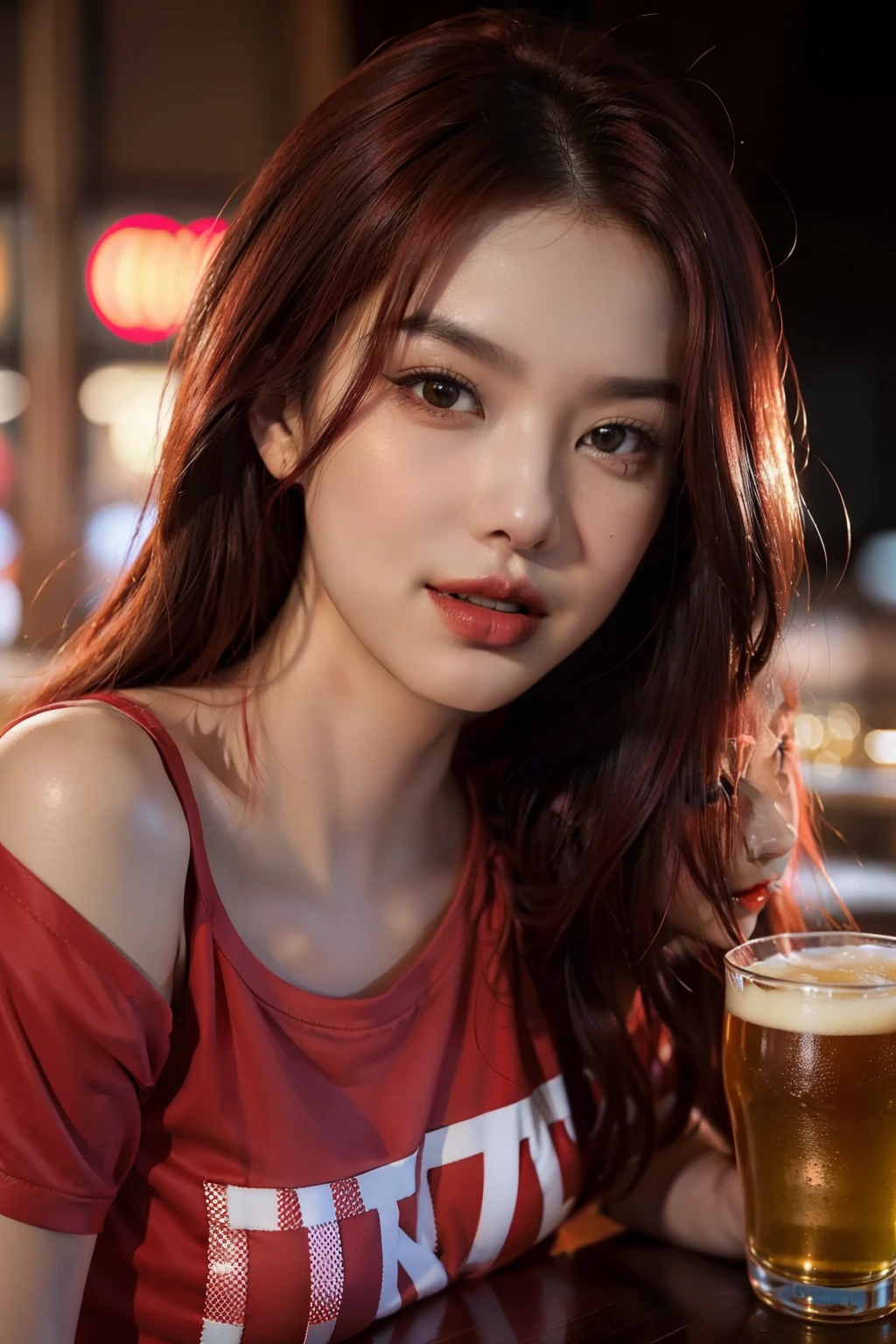 "A very beautiful girl,The face of youth,radiantsmile,red tinted hair,Flaming red lips,Raised sexy,Oversized T-shirt,Riman,holding a beer mug,Beer in both hands,drink🍺,独奏,1 girl in the Xinhua national wind(tmasterpiece,The best picture quality,ultra - detailed)"