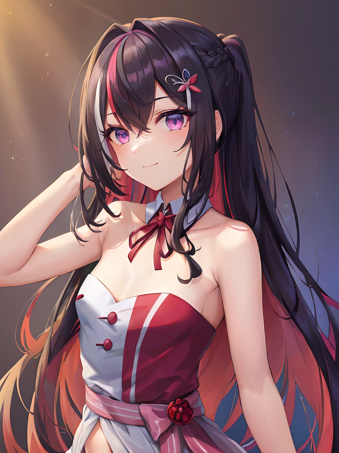 (masterpiece:1.3), (absurdres:1.3), (best quality:1.3), (ultra-detailed:1.3),(best shadow:0.7), (handled hair), (sharp eyeliner, eyeshadow, detailed eyes:1.1), perfect anatomy, BREAK azki_(hololive), azki \(hololive\), large breasts, multicolored hair, pink hair, (purple eyes, glowing eyes), black hair, hair between eyes, jewelry, x hair ornament, bangs, very long hair, streaked hair, hairclip, light smile, closed mouth, sleeveless, strapless, armpits (((Nipples, opened Clothes, small chest)))