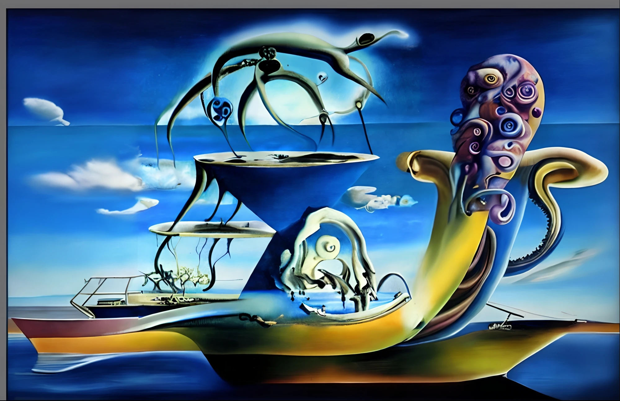 Drawing of a boat with a giant octopus on it, by Dali, surrealist artwork, surrealist art, Dalí's style, style of salvador dali, Inspired by Salvador Dalí, abstract surrealism masterpiece, style of surrealism, Dali style, inspired by Dalí, surrealism art, salvador dali style, by Salvador Dali, Surrealist art style, masterpiece surrealism