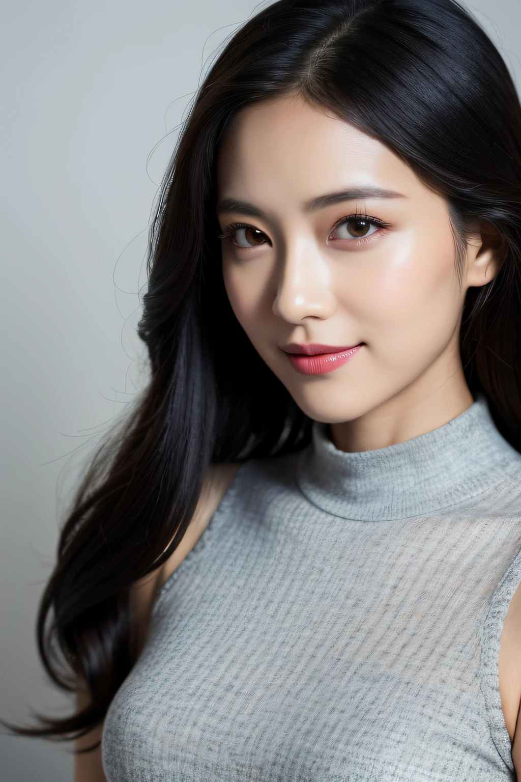 Hyper realistic, supernatural, beautiful and stunning oval face, Chinese young beauty, wearing tight and comfortable dress, full-body photograph, seductive long legs, captured with a Sony A7R equipped with an F1.2 lens, long straight black hair, beautiful and expressive eyes, ultra-detailed face, detailed lips, detailed eyes, double eyelid, Complex Details, Cinematic feel, 8K, highlydetailed, radiant smile, indoor professional photo shooting, ((photography studio)), studio light, face to camera, no side post