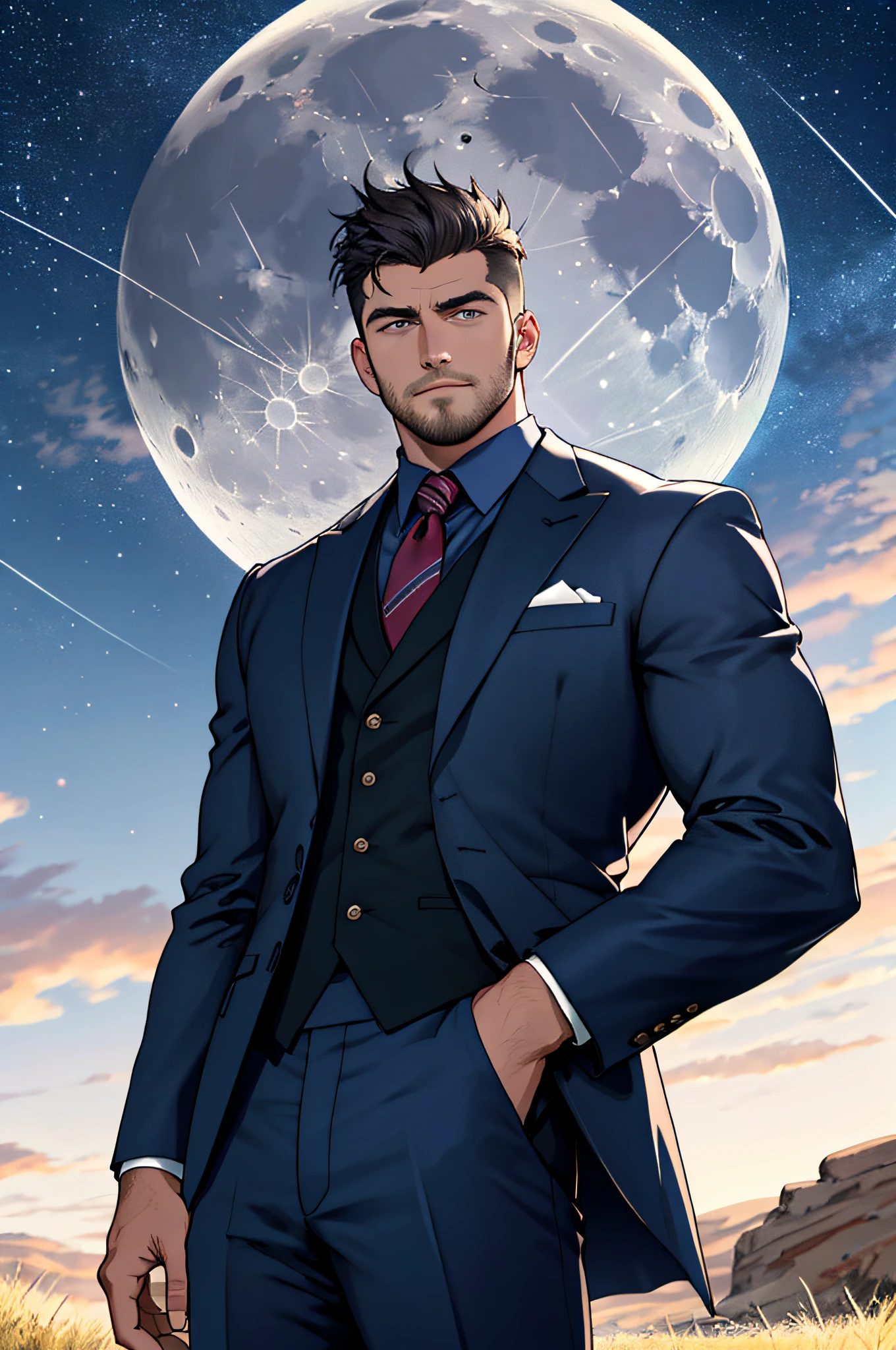Draw a full-fledged footballer，Standing on the steppe at night，Quiet and comfortable background，He wears the same suit as the country's president，The suit fits perfectly，Handsome face，eyes with brightness，The man looks confident and determined，looking-down，Crew cut，full bodyesbian，Stars dot the sky，shooting from below，Big moon highlights background