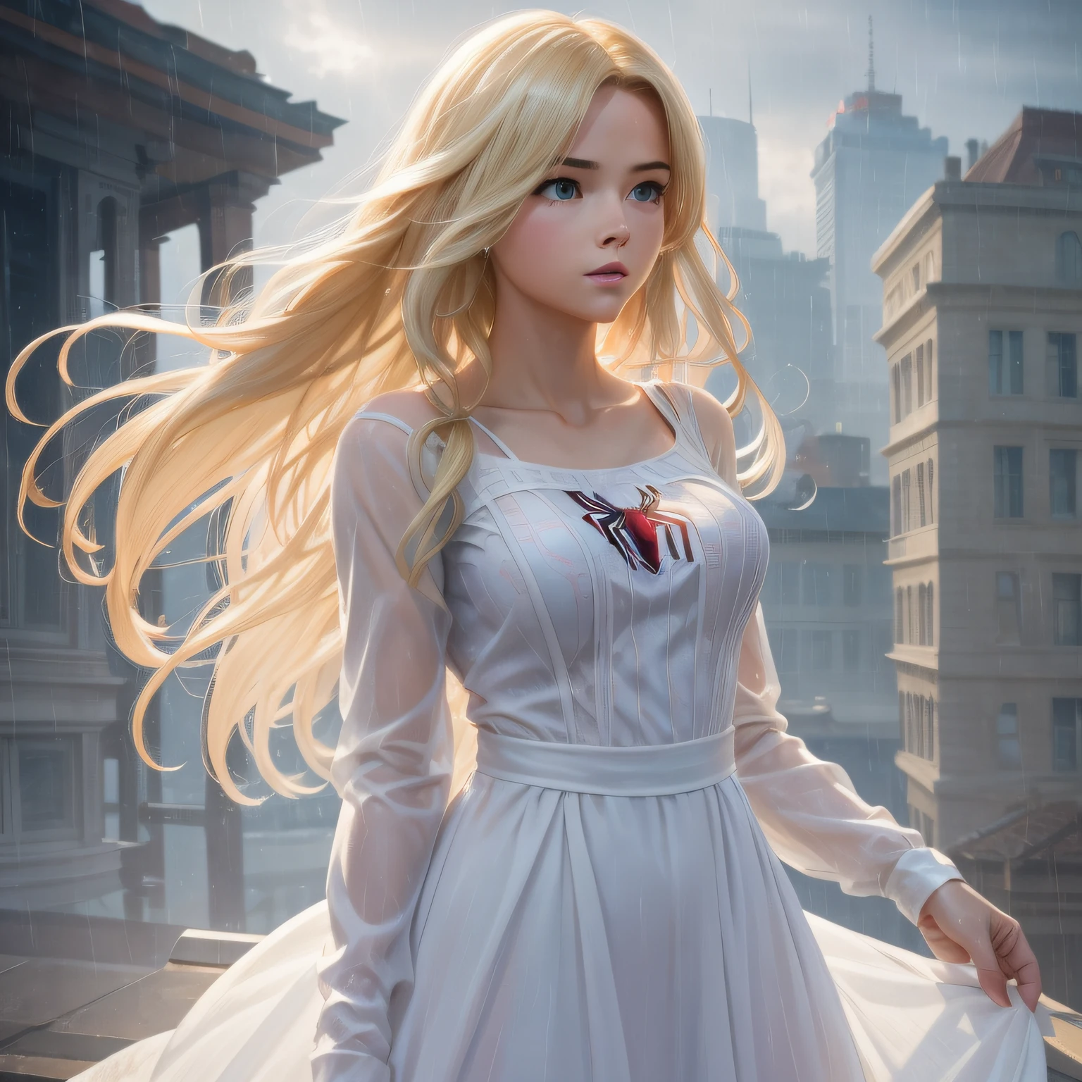 18 Yo girl, White Spider-Man dress, with long coiled hair, Blonde, Beautiful face, rain, Roof, Masterpiece, intricately details, Perfect anatomy, Facial and body details.