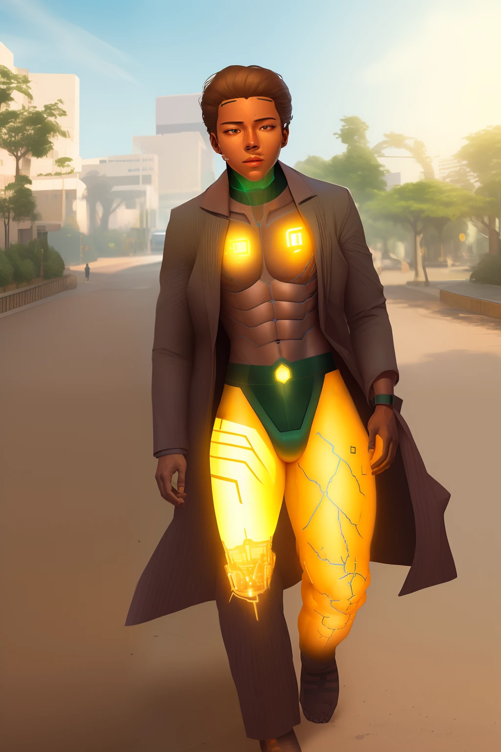 CHANGE THE BACKGROUND WITH HIGH TECHNOLOGY CITY WITH AMAZING STREET VIEW TREE . SUPER ULTRA REALISTIC FACE . REAL FACE SMOOTH AND GLOWING SKIN . HANDSOME BOY