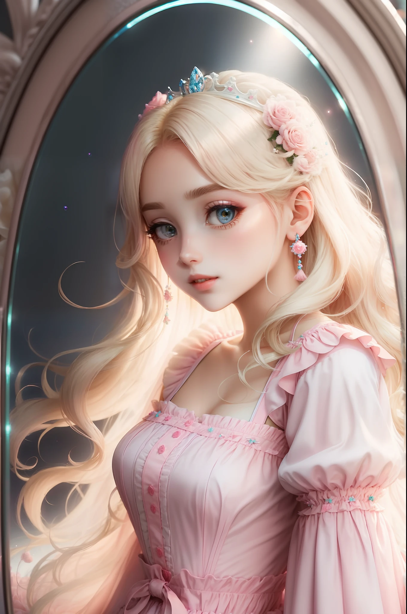 Princess A Princess Soft Best quality in good style(Highest Quality) , High quality(hiquality) Pink and fluffy dress blonde and soft hair corolla The whole body is reflected A wonderful atmosphere with very delicate tones