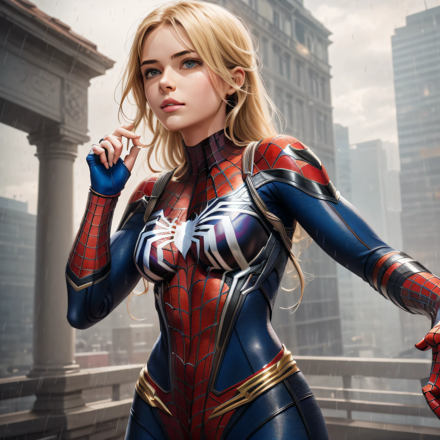 18 Yo girl, White Spider-Man dress, with long coiled hair, Blonde, Beautiful face, rain, Roof, Masterpiece, intricately details, Perfect anatomy, Facial and body details.