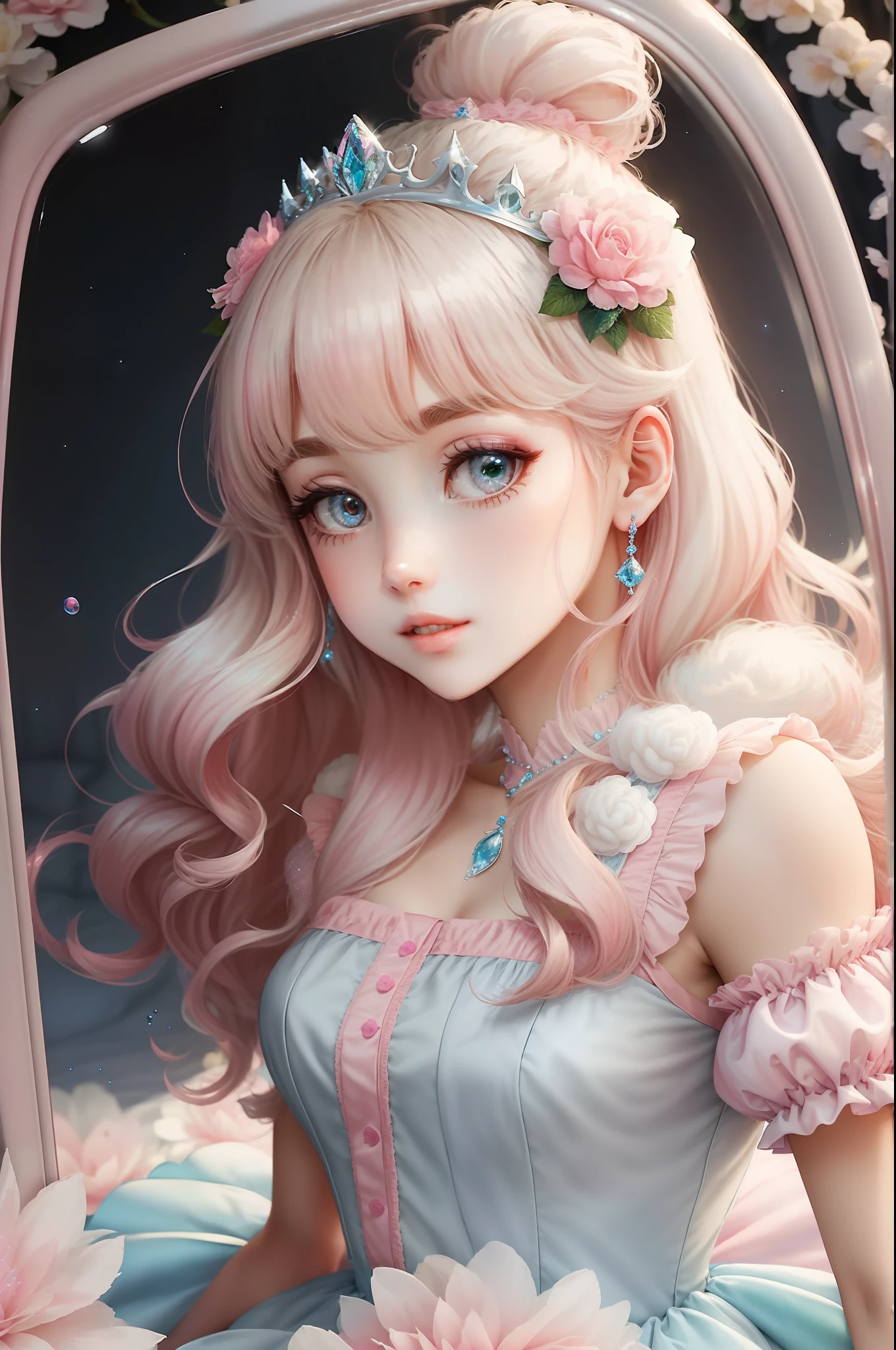 Princess A Princess Soft Best quality in good style(Highest Quality) , High quality(hiquality) Pink and fluffy dress blonde and soft hair corolla The whole body is reflected A wonderful atmosphere with very delicate tones