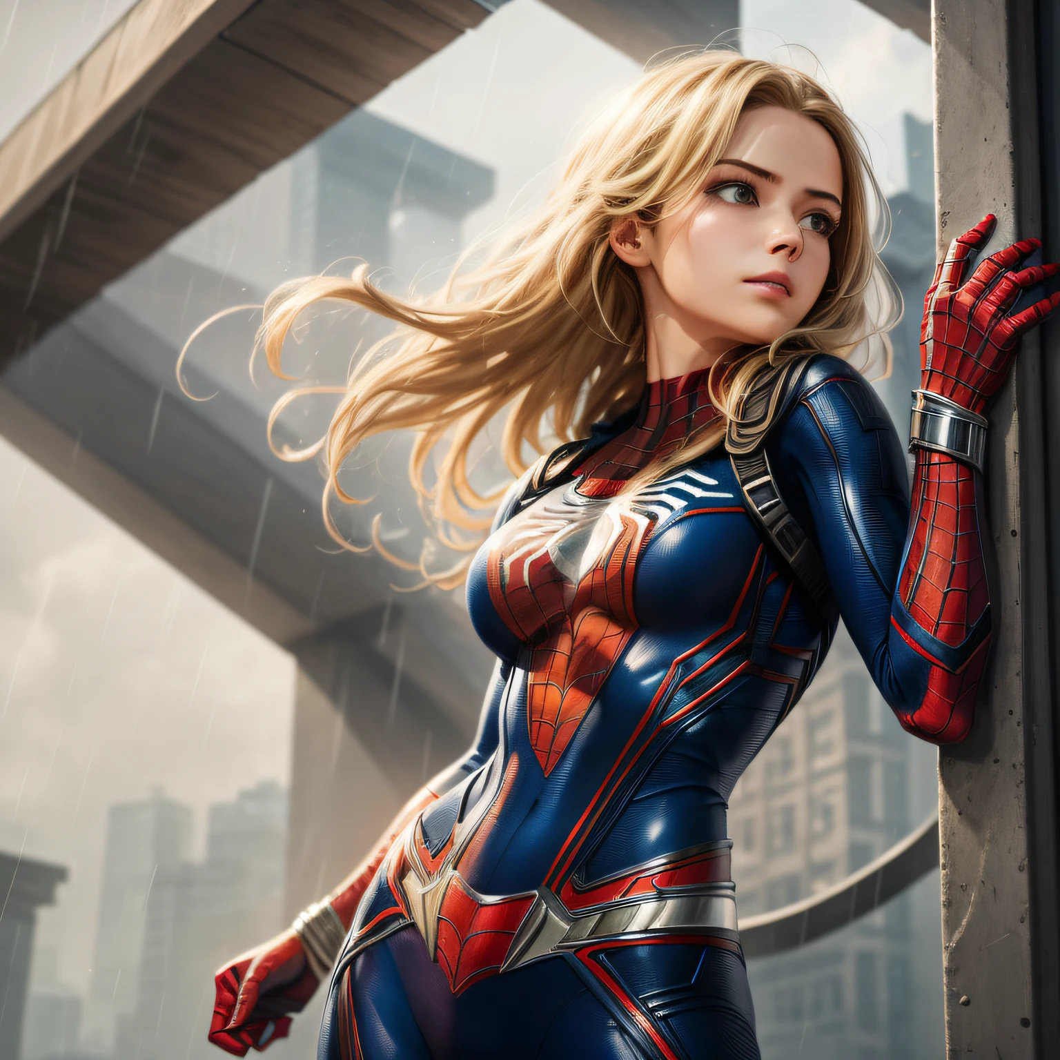 18 Yo girl, White Spider-Man dress, with long coiled hair， Blonde, Beautiful face, rain, Roof, Masterpiece, intricately details, Perfect anatomy, Facial and body details.