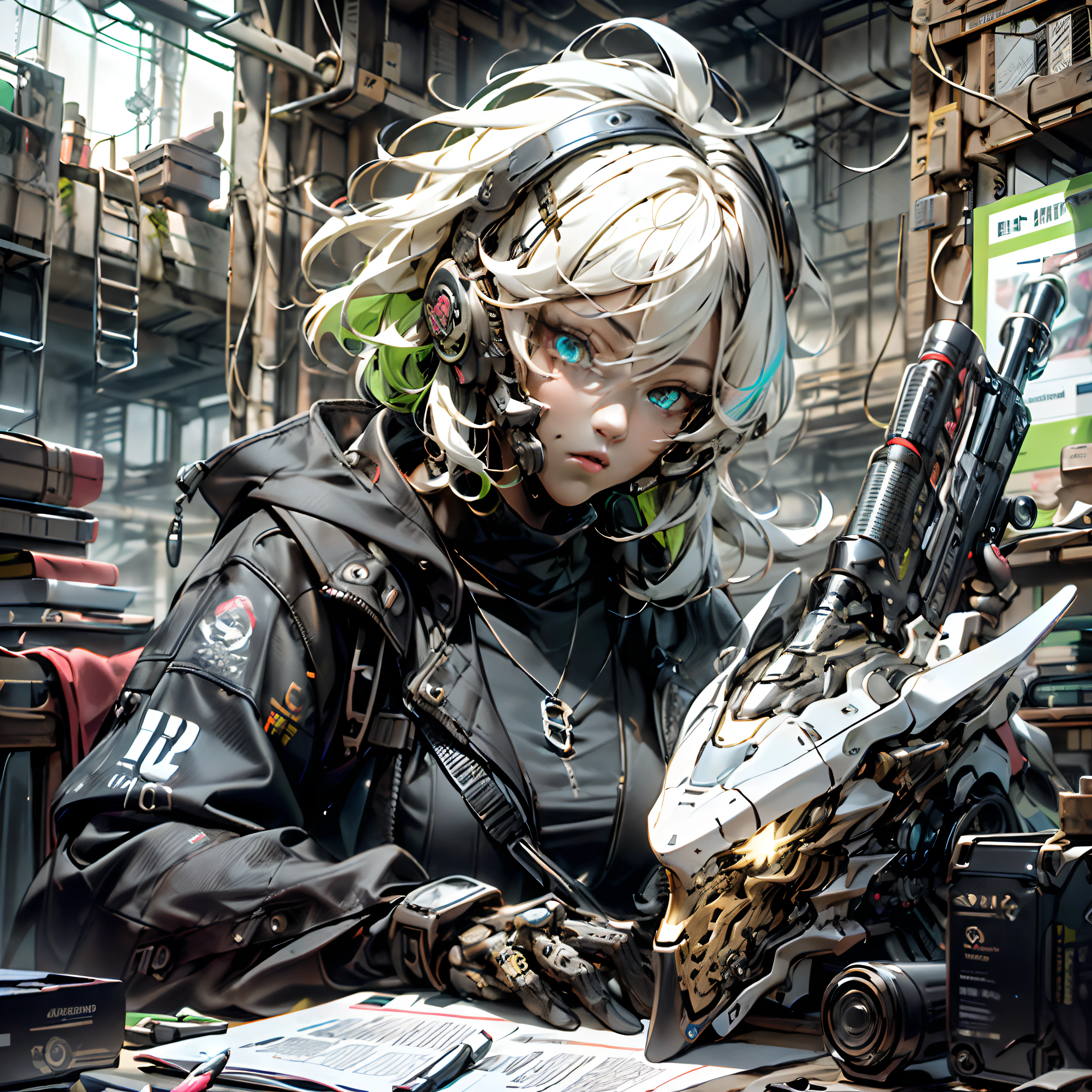 Masterpiece, ultra high quality, best quality, 3d rending work ,3DMM style, portrait, 3D,1girl, multicolored hair, blue hair, white hair, necklace, two-tone hair, realistic bangs, short hair, gothic, black shirt, shirt, Intricate detailed, Hyper Detailing, a sniper, white hair, on desk, concentration, busy expression, mechanical cyber mask , creating a sniper rifle with magical , on desk, isometric, miniature, landscape on foundation, landscape, cyberpunk, long range sniper, large sniper, Extremely Hyper Detailed, Highly detailed facial features, eyes on the gun, fully concentrated, Highly detailed eyes, Highly detailed pupils,