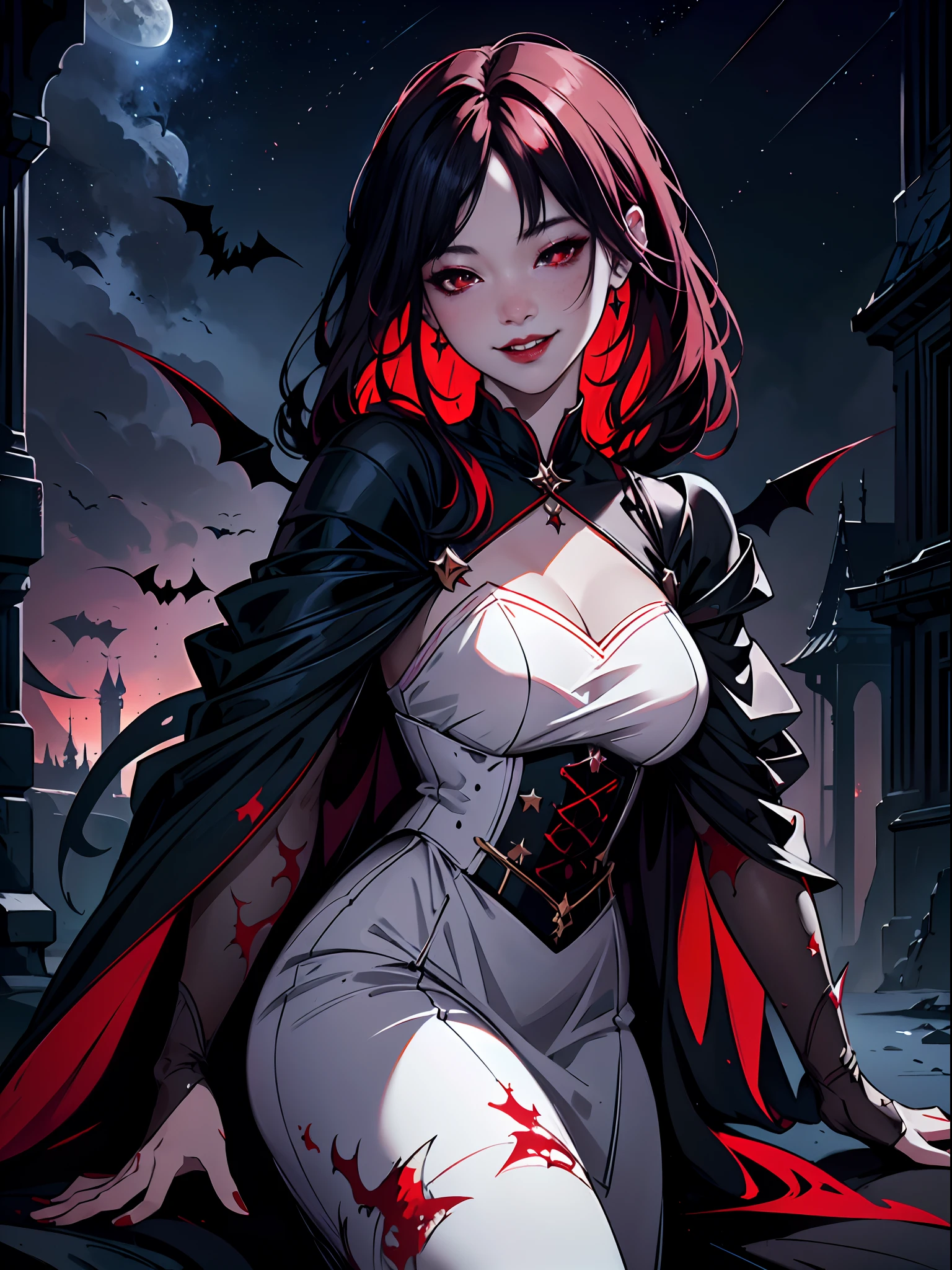 A delicate and beautiful picture of a female vampire standing on the porch of a castle under the stars, （Wearing a white dress with blood:1.5），take up close, Dynamic angle super delicate face, and there is blood on the corners of your mouth，Hyper-feminine, gray colored skin, Red hair, (A charming smile:1.5)，dark red lips，The eyes glow red and glowing, , long black cape, star filled sky background, Moon, Bats fly around, High details, Best quality, 8K, Masterpiece, Best quality, (Ultra detailed), Photorealism, dark fantasy art