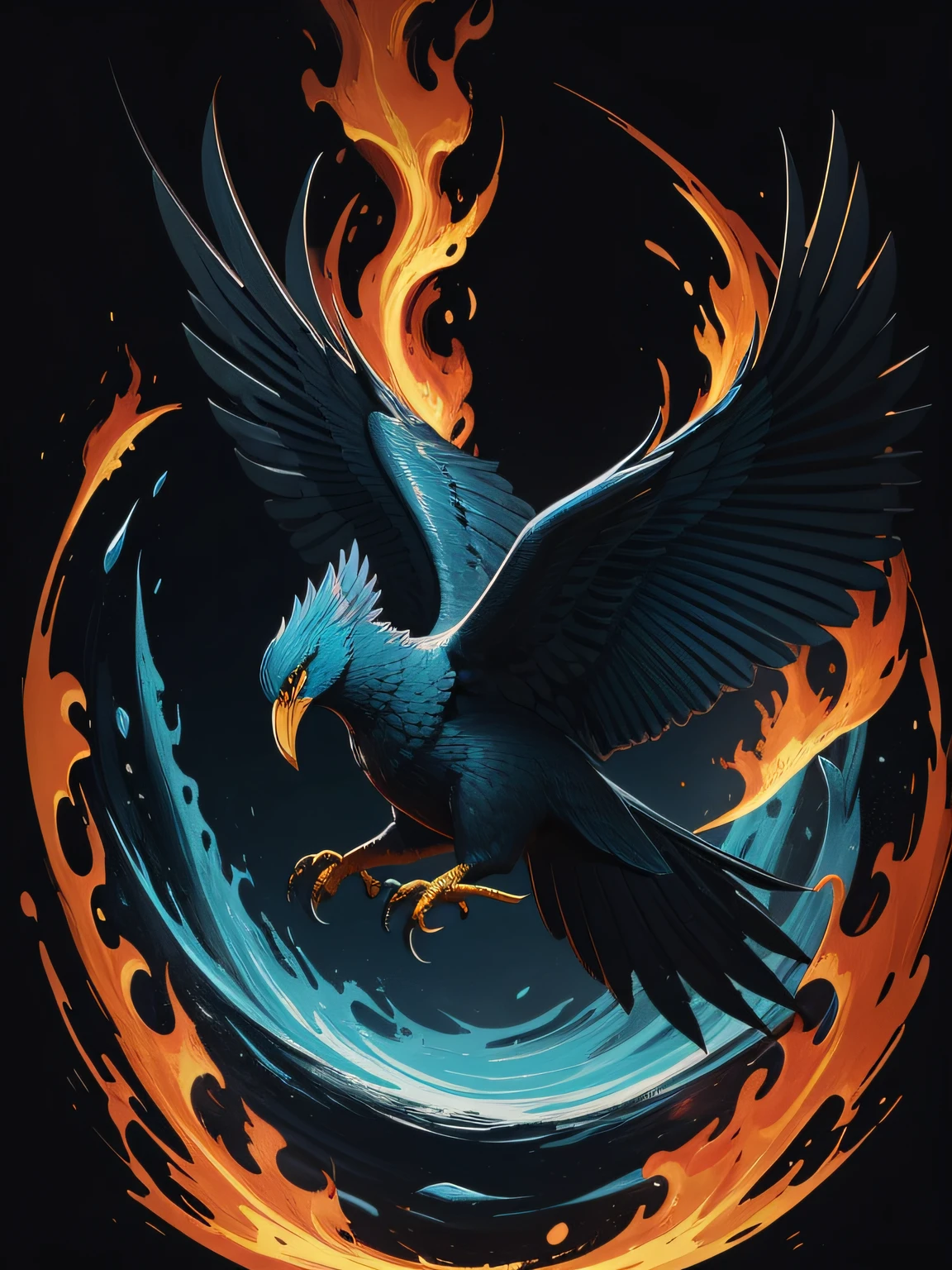 [fiery phoenix bird] Heraldic silhouette, logo masking style illustration, by dan mumford, by greg rutkowski, by james jean, black background, mysterious, fantasy art, realistic, majestic, rich vibrant colors, high contrast, seamless water brand, artstation, deviantart, dribble, redbubble, teepublic, sharp focus, simple, hyper detailed, detailed drawing, vectorize, outline, isometric style, 8k."