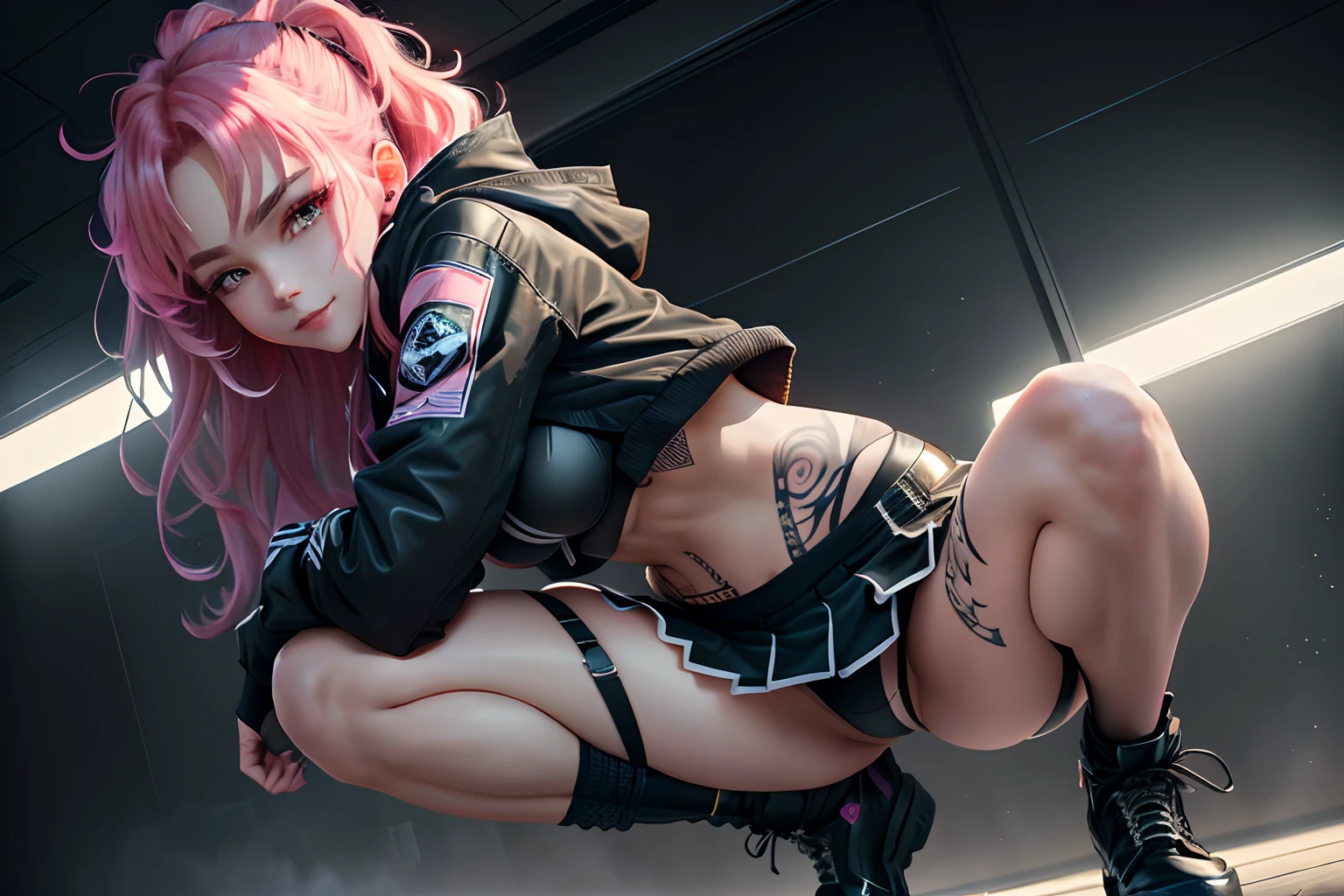 (Extreme Detail CG Unity 8K wallpaper, obra-prima, alta qualidade), (Exquisite lighting and shade, highly dramatic image, Cinematic lens efito), (Anime style), Anime Girl, Villain, Black Jacket, Pink Shirt, Black Short skirt, pantyhose, Boots, Looking to the viewer, Evil smile, squat, Pointing to the viewer, lower angle, black panties, black bra, snake tattoo next to belly, showing panties,