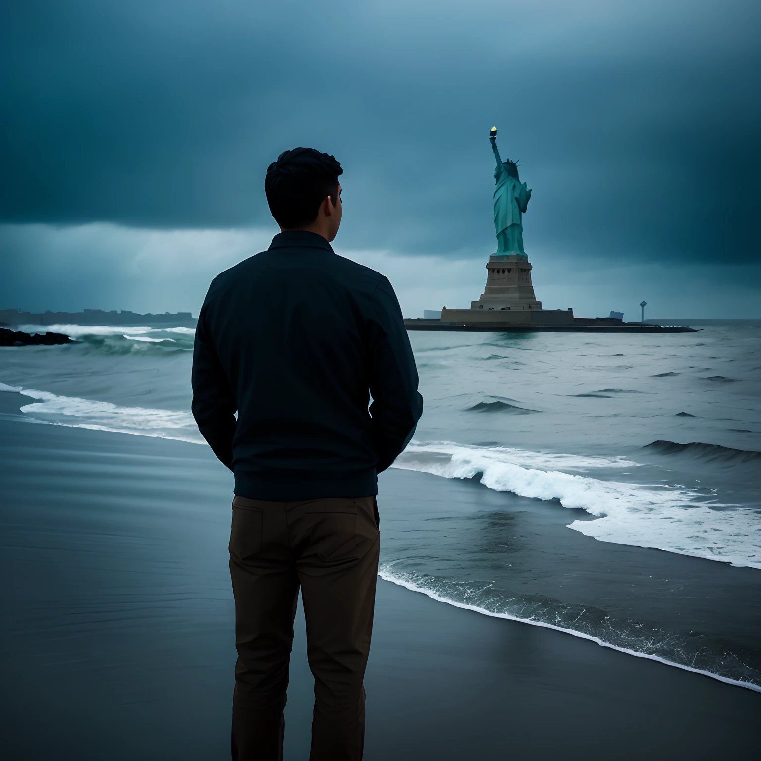 Arafeld man standing on the beach looking at the Statue of Liberty, the sea and storms behind him, Against the wind and waves, standing in a maelstrom, during a storm, a person standing in front of a, Located in the heart of New York City, looking at the ocean, The Statue of Liberty is clearly detailed,statue of liberty at left,The overall effect adds detail,Increase the resolution,Achieve 8K HD。