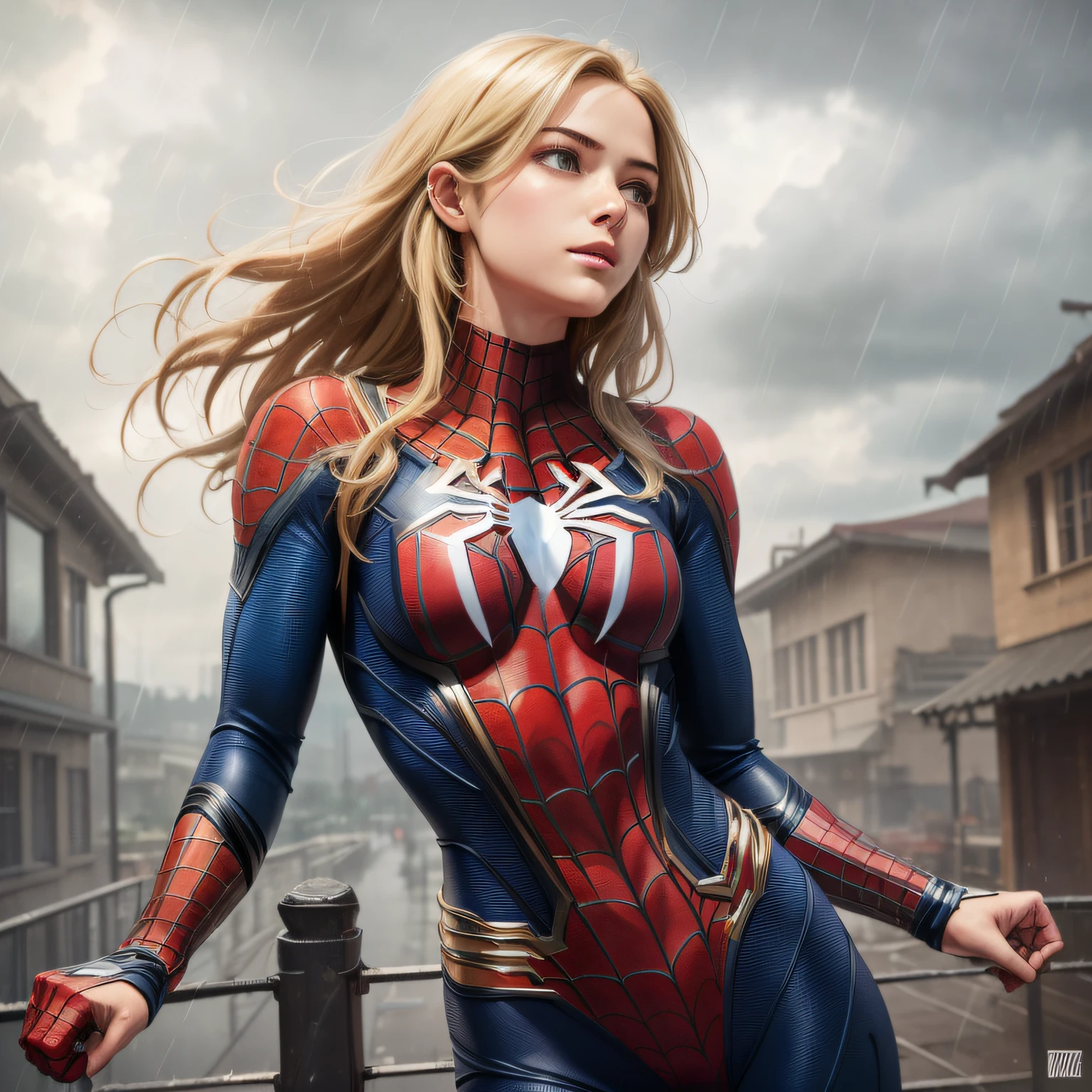 18 Yo girl, White Spider-Man dress, with long coiled hair, Blonde, Beautiful face, rain, Roof, Masterpiece, intricately details, Perfect anatomy, Facial and body details.