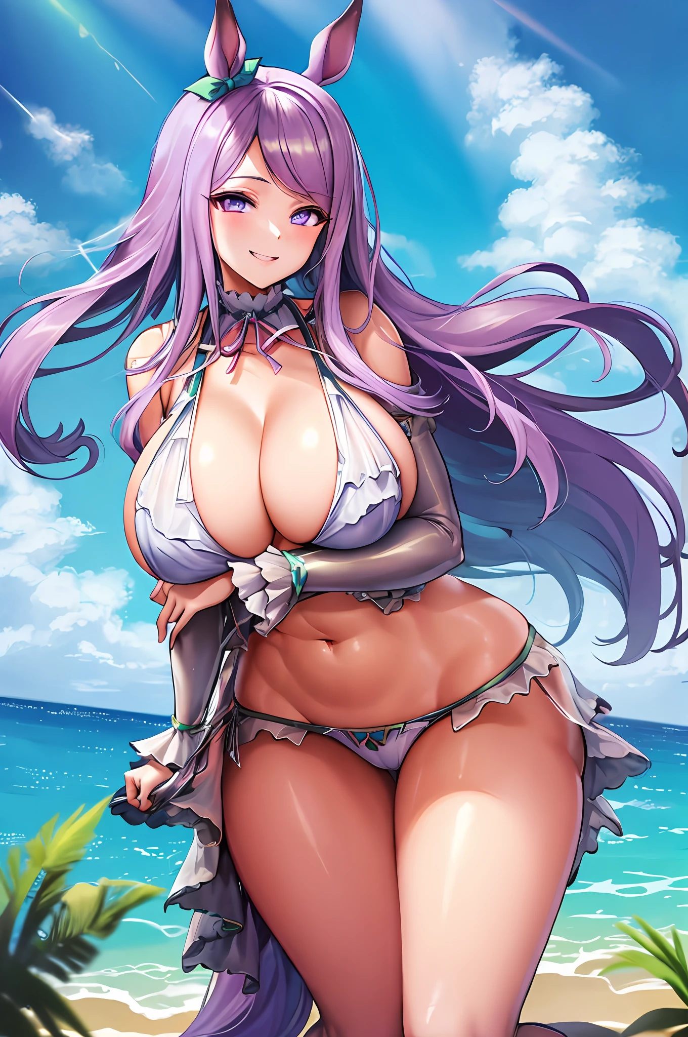 1girl, solo, masterpiece, best quality, detailed face, face focus, huge breasts, hanging breasts, gigantic breasts, navel, (bikini), looking at viewer, smile, sky, ocean, swimsuit, leaning toward viewer, cleavage, shiny skin, BREAK Mejiro McQueen, horse ears, horse girl, long hair, mejiro_mcqueen_\(umamusume\), purple eyes, ear_ribbon, parted bangs