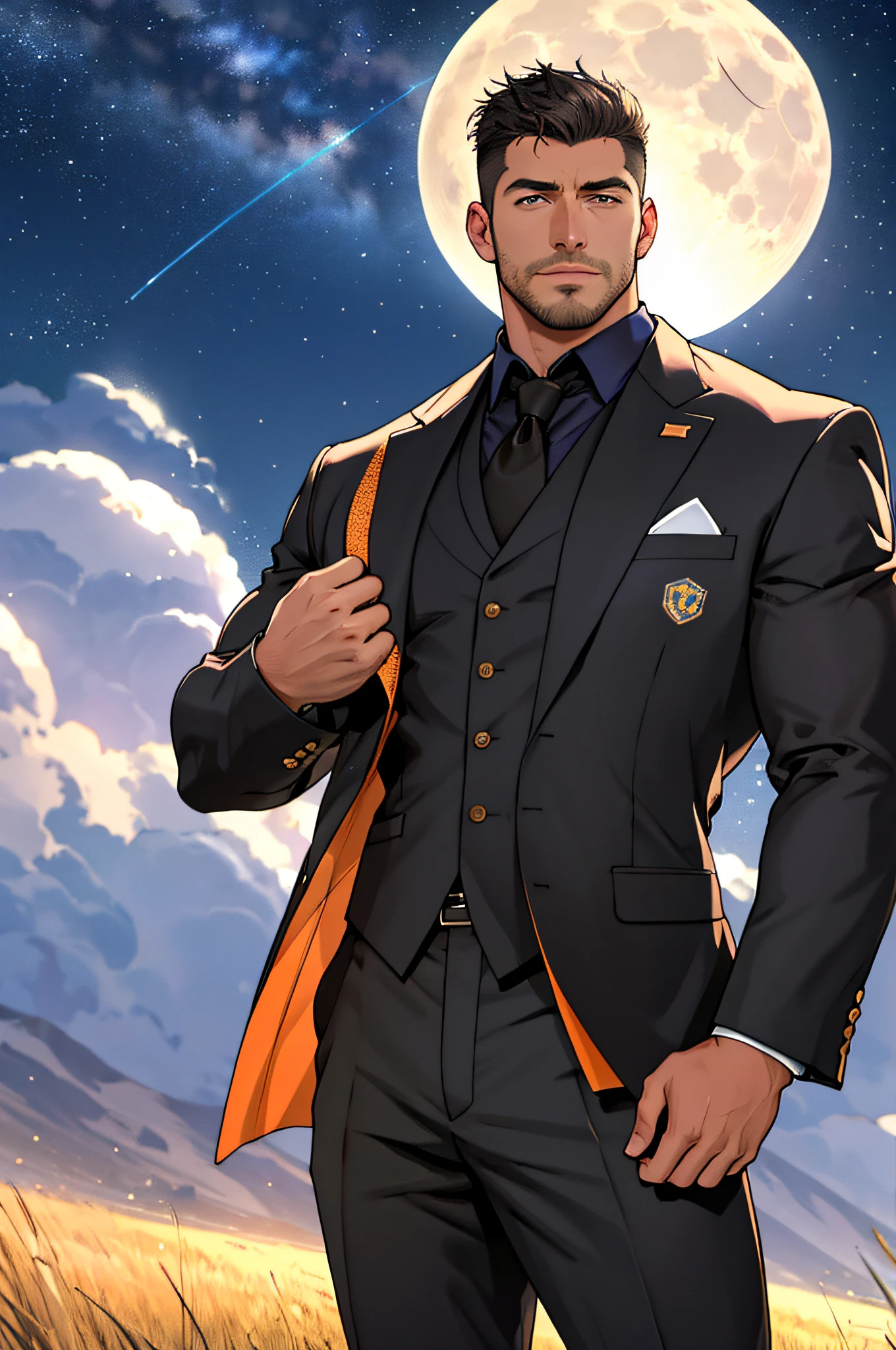 Draw a full-fledged footballer,Standing on the steppe at night,Quiet and comfortable background,He wears the same suit as the country's president,The suit fits perfectly,Handsome face,eyes with brightness,The man looks confident and determined,looking-down,Crew cut,full bodyesbian,Stars dot the sky,shooting from below,Big moon highlights background