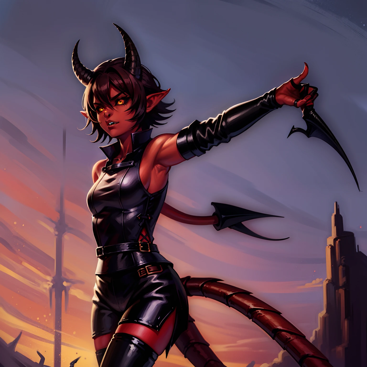 1girl, tiefling, red skin, yellow eyes, black sclera, pointy ears, horns, short brown hair, sharp teeth, black sleeveless shirt, black shorts, rogue outfit, demon tail, black boots, goggles on head, perfect anatomy, solo, anime style, cowboy shot