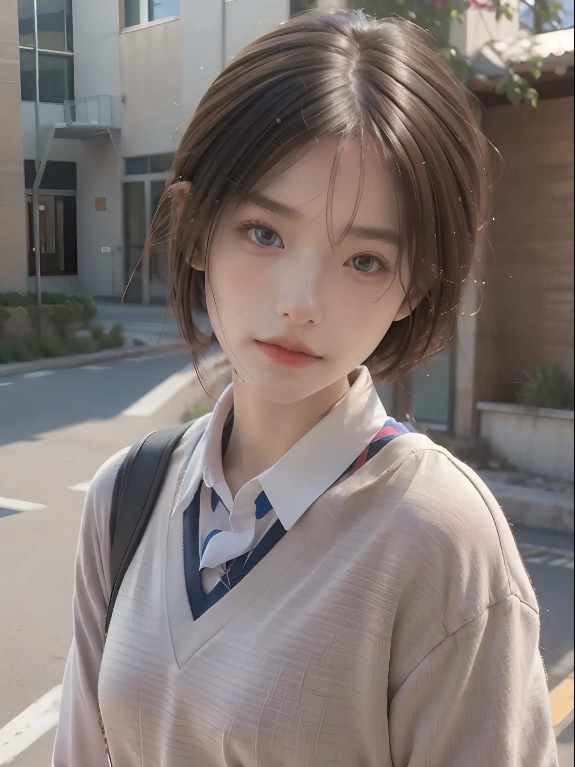 Best quality, Masterpiece, 超A high resolution, (Photorealistic:1.4), RAW photo, 1girll,school uniform, Short hair,, (Masterpiece, Best quality, High quality, A high resolution, Ultra-detailed),