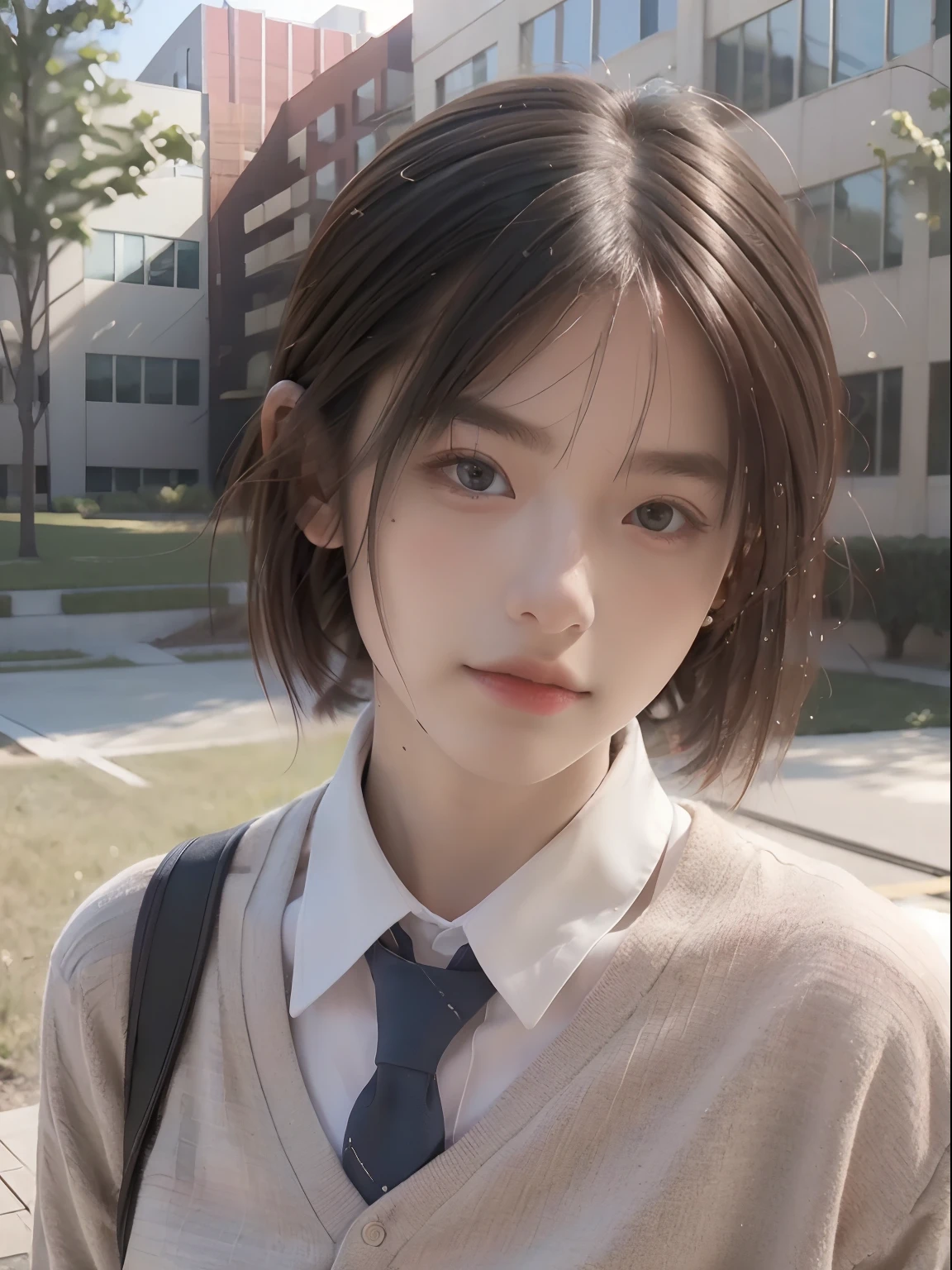 Best quality, Masterpiece, 超A high resolution, (Photorealistic:1.4), RAW photo, 1girll,school uniform, Short hair,, (Masterpiece, Best quality, High quality, A high resolution, Ultra-detailed),