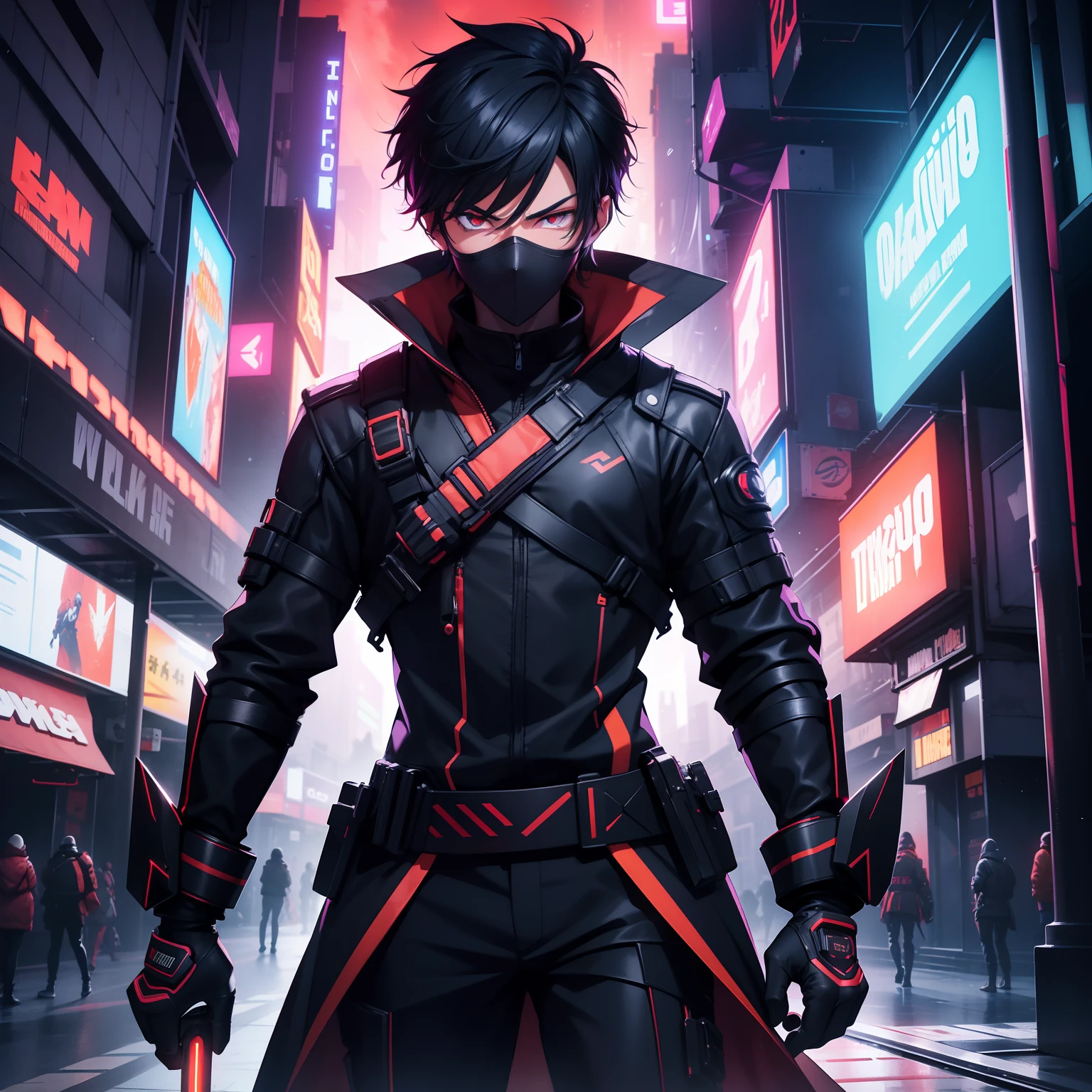 One boy with short black hair, sporting a mysterious full face black mask that has gleaming orange eyes, dressed in a striking red shirt and a long black coat, skillfully wielding a pair of dual long swords—one gleaming in vibrant red and the other mesmerizingly purple. The scene unfolds against the backdrop of a dystopian cyberpunk city at night, pulsating with neon lights and a futuristic aura, all rendered in breathtaking high resolution 8k quality