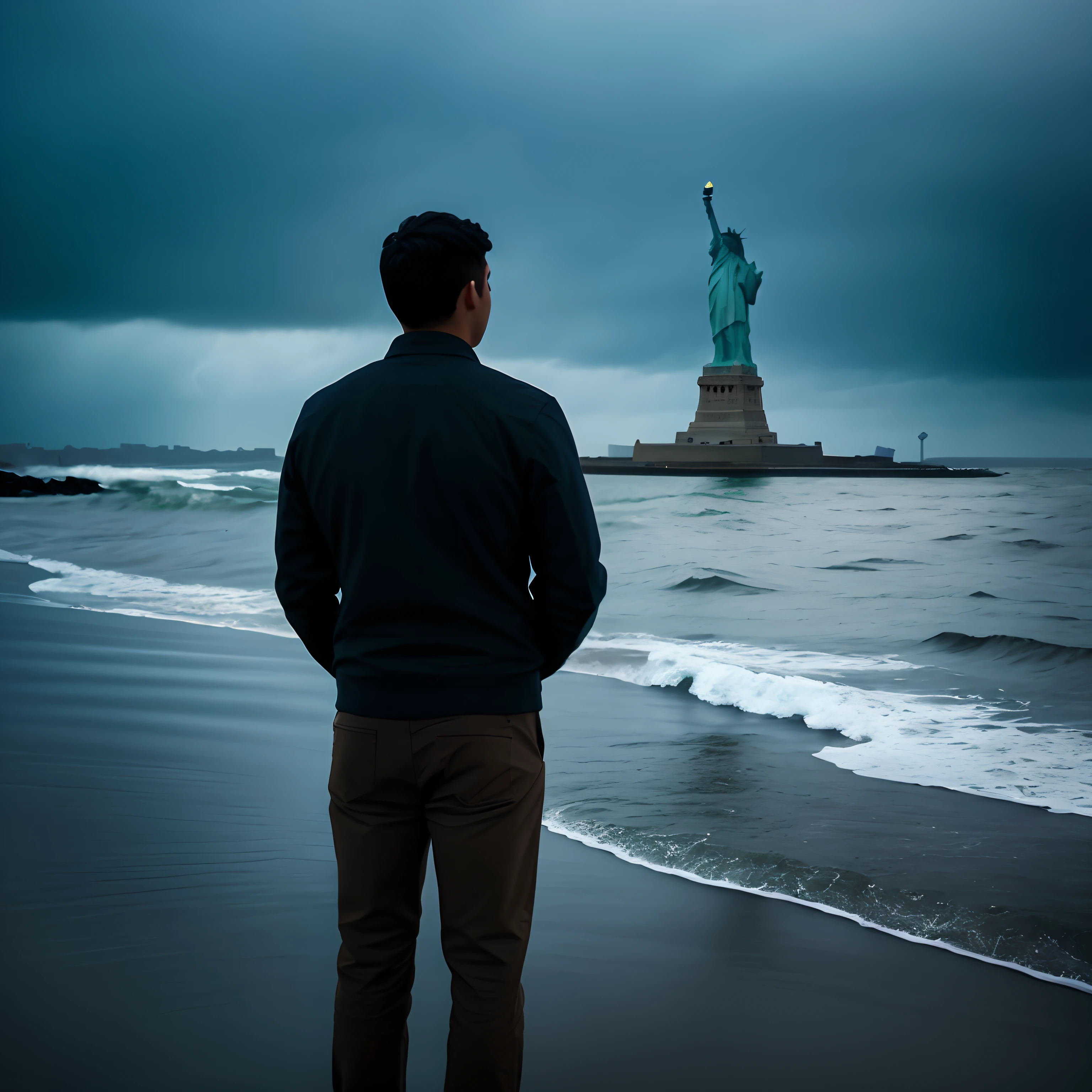 Arafeld man standing on the beach looking at the Statue of Liberty, the sea and storms behind him, Against the wind and waves, standing in a maelstrom, during a storm, a person standing in front of a, Located in the heart of New York City, looking at the ocean, The Statue of Liberty is clearly detailed，statue of liberty at left，The overall effect adds detail，Increase the resolution，Achieve 8K HD。