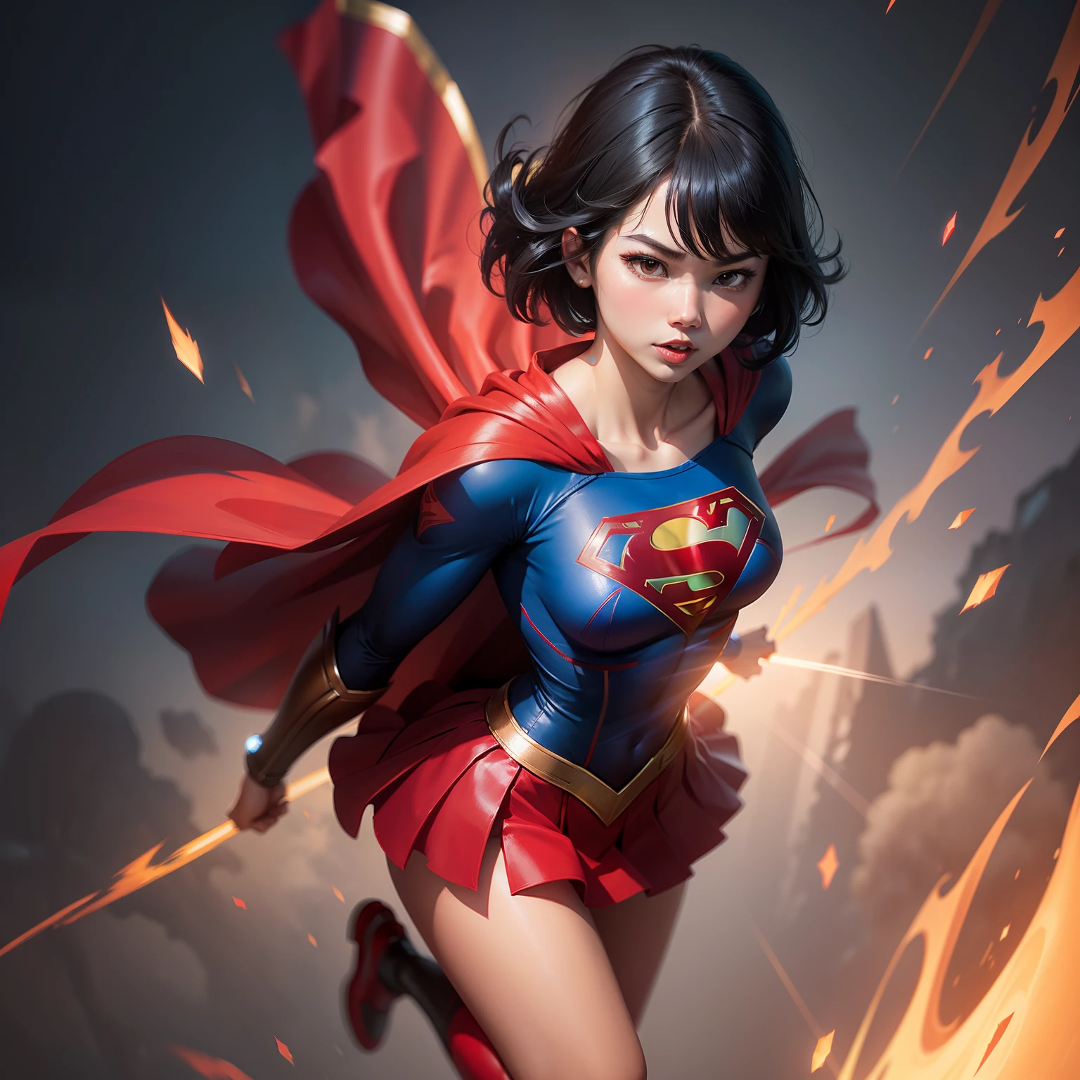 Cute girl Supergirl costume Red short skirt Asian Two-dimensional painting style Clear face Full body Flight Sky background Black hair Short hair Hands straight Long red cape Fly in the sky Legs straight Fly high Serious expression