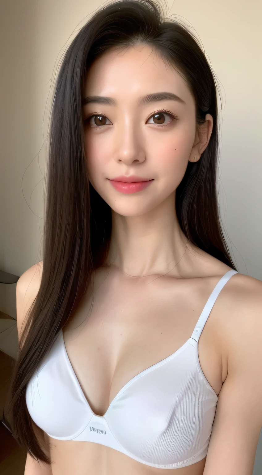 ((Best picture quality, 8K, tmasterpiece:1.3)), 1girll, Beautiful woman with slender abs:1.3, (Casual hairstyle, Leaky big breasts:1.2), Low-cut bra，Super large，Ultra-fine face, A detailed eye, 二重まぶた，ssmile，Home，The figure is very bad，tiny small waist，Super big breasts，Close-up，Close-up chest，White-skinned，The background is casual，Close-up Shot Shot