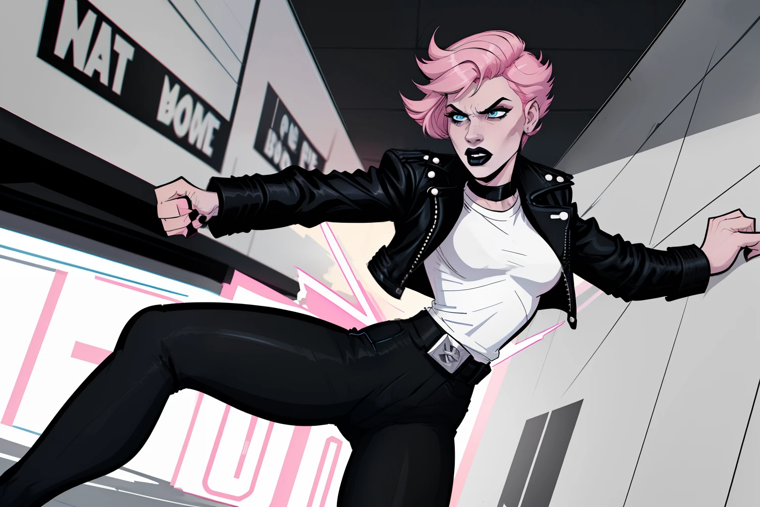 woman, punching the veiwer, day time, street, pale blue eyes, detailed short pink hair Short Side Comb haircut, angry expression, black lipstick, small tits, wearing a leather jacket, black shirt, black pants, comic book style, flat shaded, prominent comic book outline linework