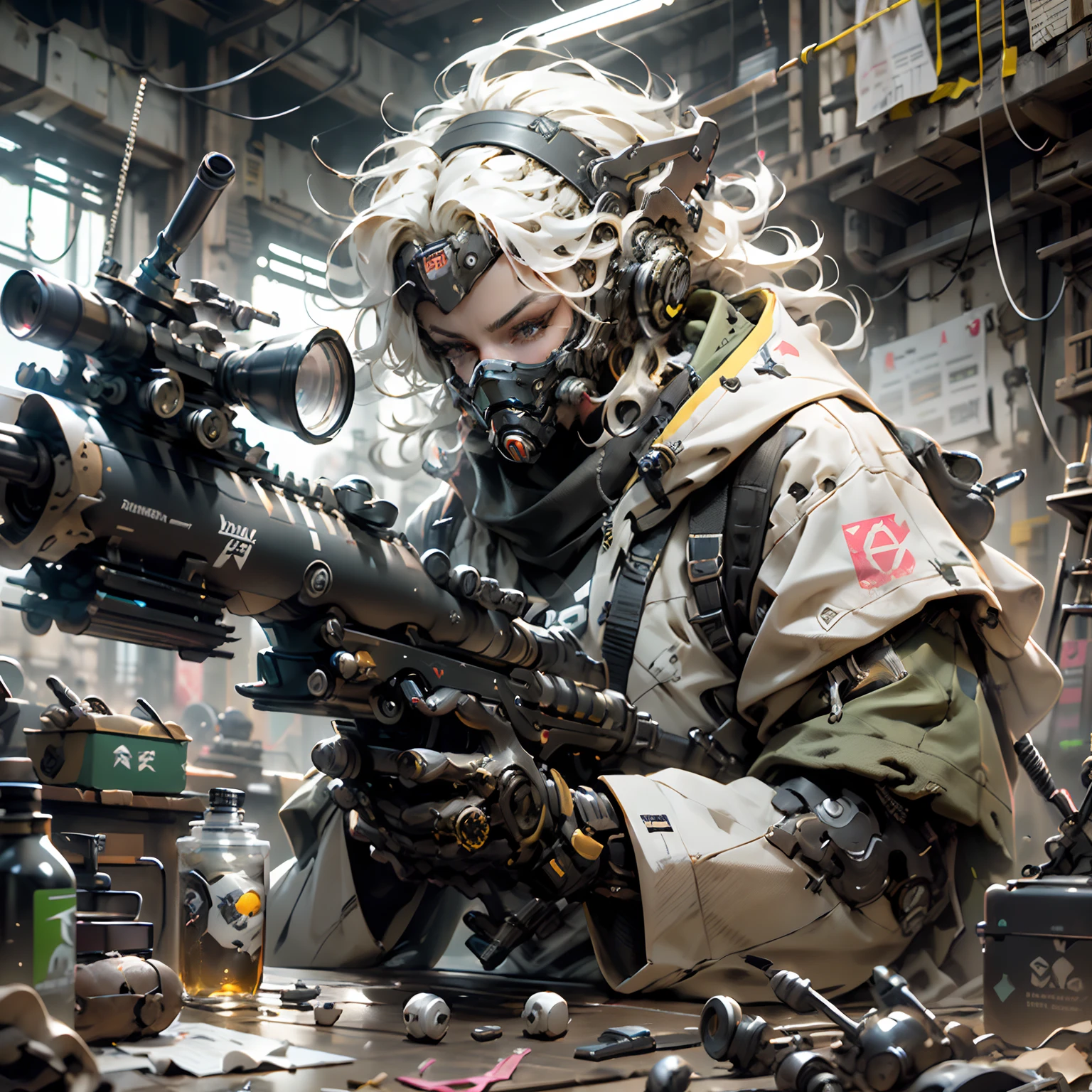 Masterpiece, ultra high quality, best quality, Intricate detailed, Hyper Detailing, a sniper, white hair, concentration, busy expression, mechanical cyber mask , holding a sniper rifle, long range sniper, large sniper, Extremely Hyper Detailed,
