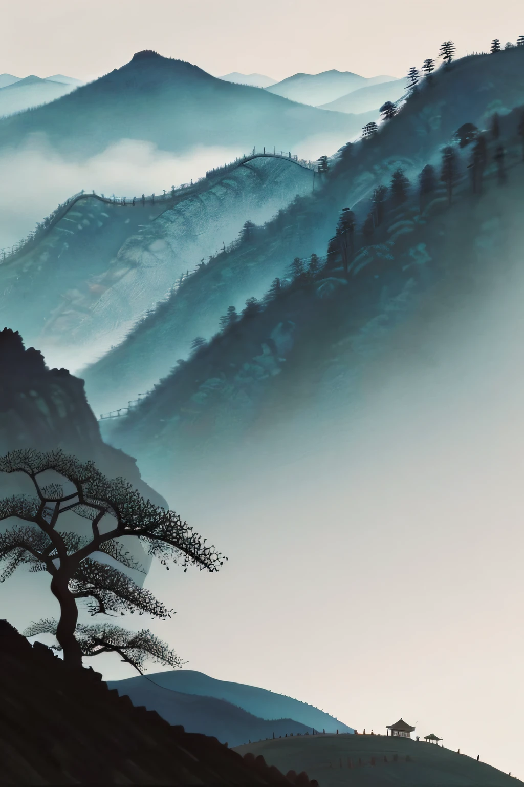 Mountain,wuchangshuo, wuchangshuo,tmasterpiece,Best quality at best,(The is very detailed的 CG unified 8k 壁纸)(best qualtiy),(Most Best Illustration),(Best shadow)Harvest wheat naturally,Super meticulous,In the evening, the view of Nanshan is very good,Fog peaks spread,Birds return together。