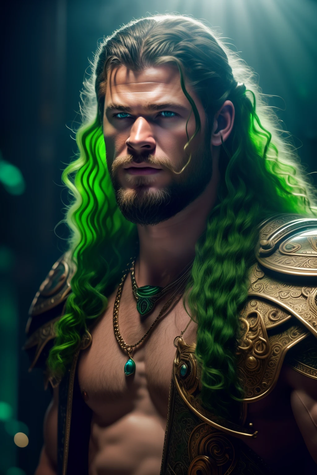 A photorealistic portrait of Chris Hemsworth with long white hair, as Poseidon God of the Seas, wearing a chain around his neck (glowing green chain:1.2) (in hand:1.2), cinematic rim light, very strong and fitted, intense action, dynamic juxtaposition, wearing royal clothes and holding a bronze trident with precious gems, warrior helmet and a sword, with a futuristic underwater kingdom as the background, fierce, tumblr contest winner, hurufiyya, very strong and masculine, movie still, cinematic lighting. photograph, detailed symmetric realistic face, extremely detailed natural texture, peach fuzz, long waived hair, masterpiece, absurdres, nikon d850 film stock photograph, kodak portra 400 camera f1.6 lens, extremely detailed, amazing, fine detail, hyper realistic lifelike texture, dramatic lighting, unrealengine, trending on artstation, cinestill 800 tungsten, looking at the viewer, photo realistic, RAW photo, TanvirTamim, high quality, highres, sharp focus, extremely detailed, cinematic lighting, 8k uhd,-imagine-