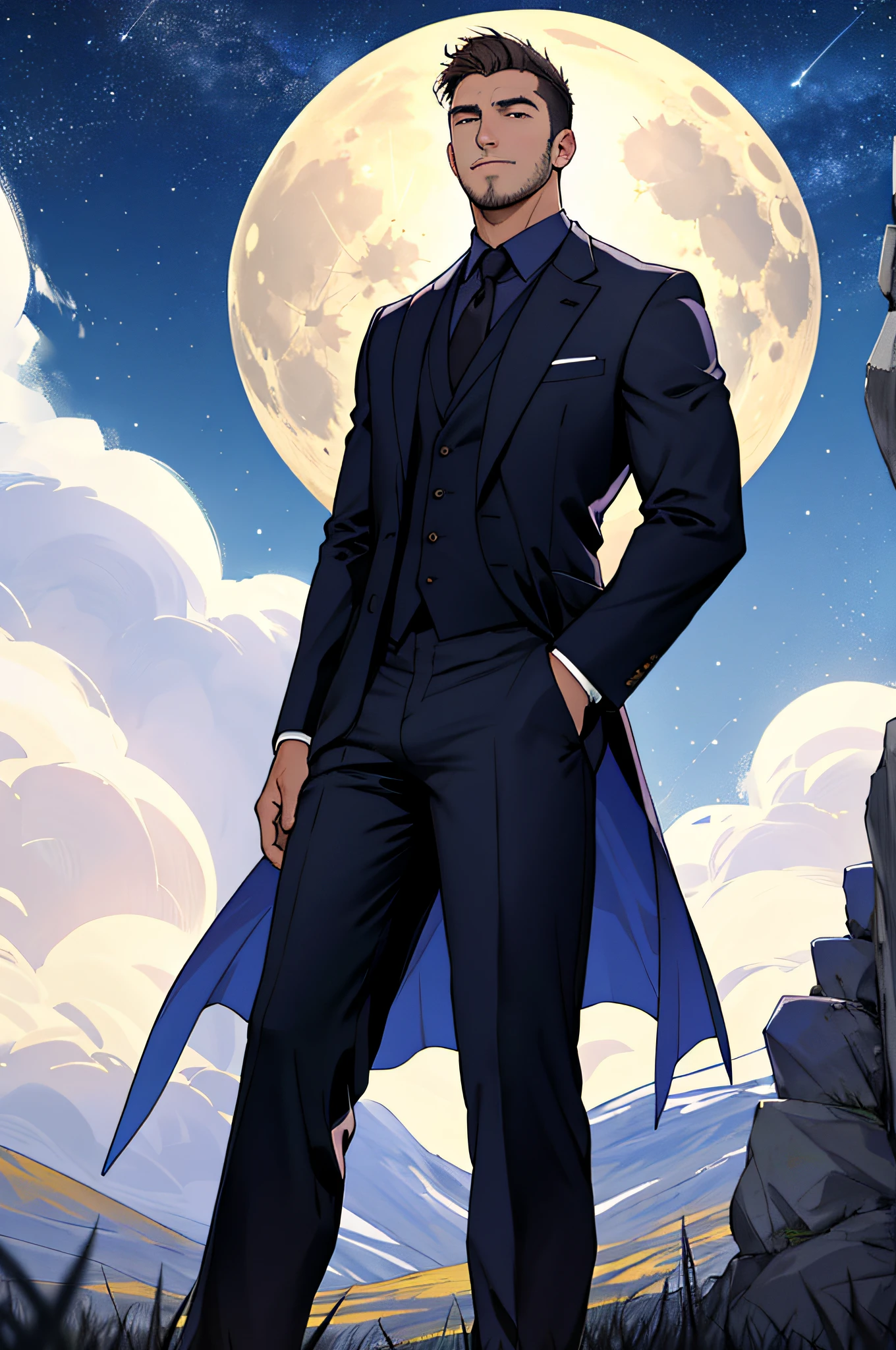 Draw a full-fledged footballer,Standing on the steppe at night,Quiet and comfortable background,He wears the same suit as the country's president,The suit fits perfectly,Handsome face,eyes with brightness,The man looks confident and determined,looking-down,Crew cut,full bodyesbian,Stars dot the sky,shooting from below,Big moon highlights background